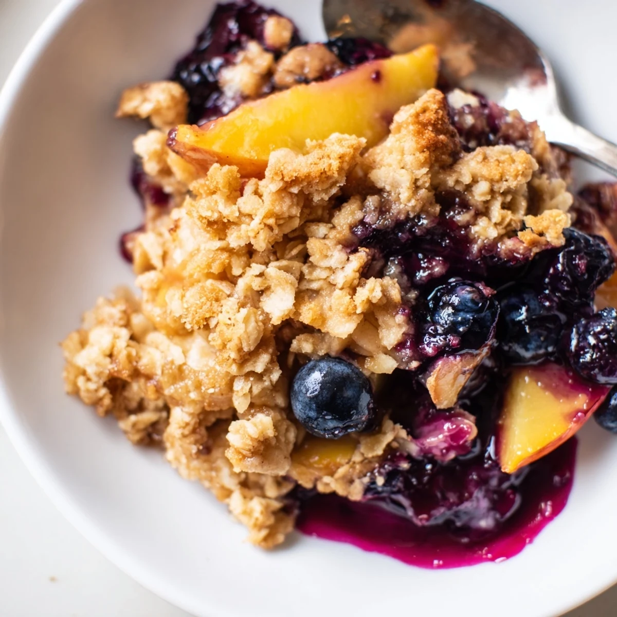 Slice of Blueberry Peach Crumble on plate, oat crumble crisp and steaming