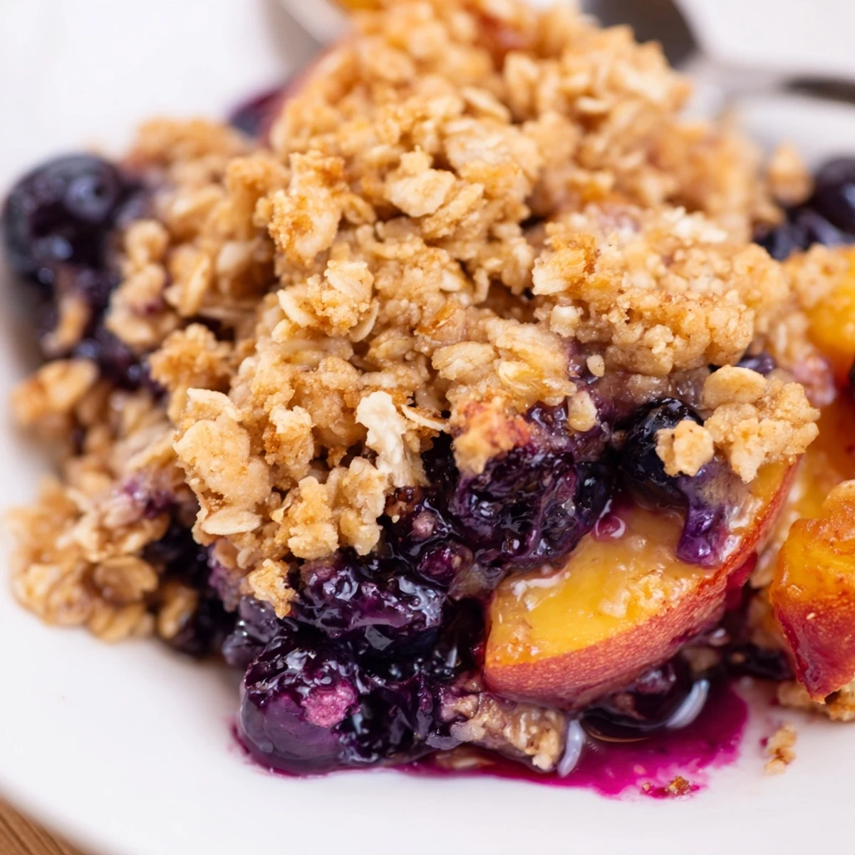 Homestyle Blueberry Peach Crumble served warm with dollop of whipped cream