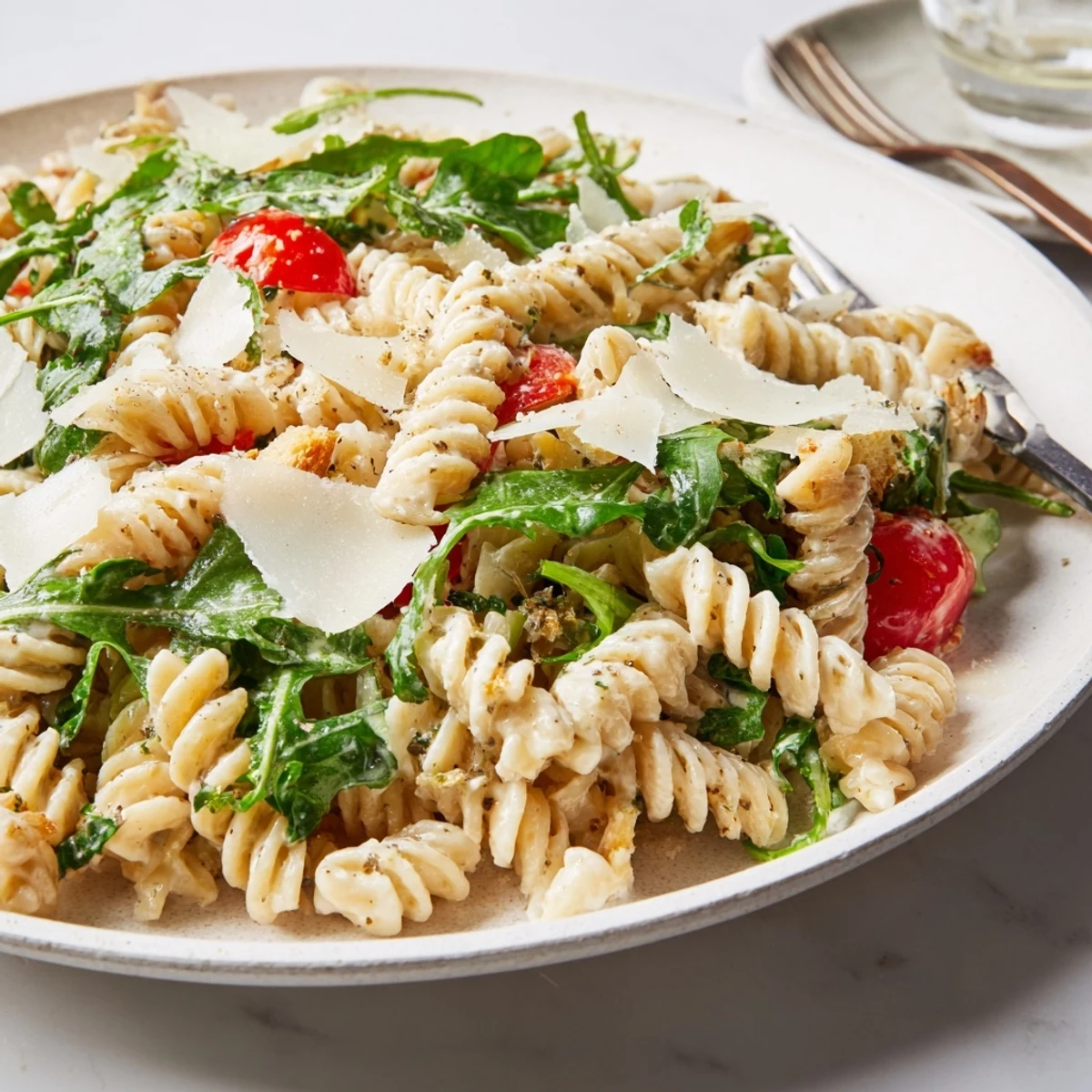 Served warm or chilled, Arugula Pasta Caesar Salad offers peppery greens, al dente pasta.