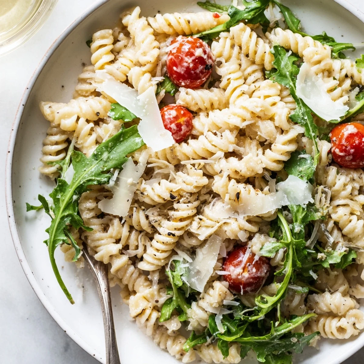 Arugula Pasta Caesar Salad tossed with creamy dressing, cherry tomatoes, shaved Parmesan.