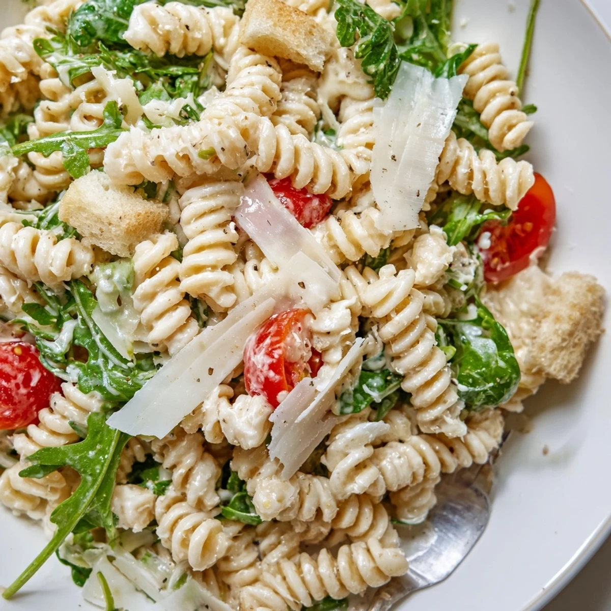 Bright lemony dressing coats Arugula Pasta Caesar Salad with crunchy croutons for lunch.