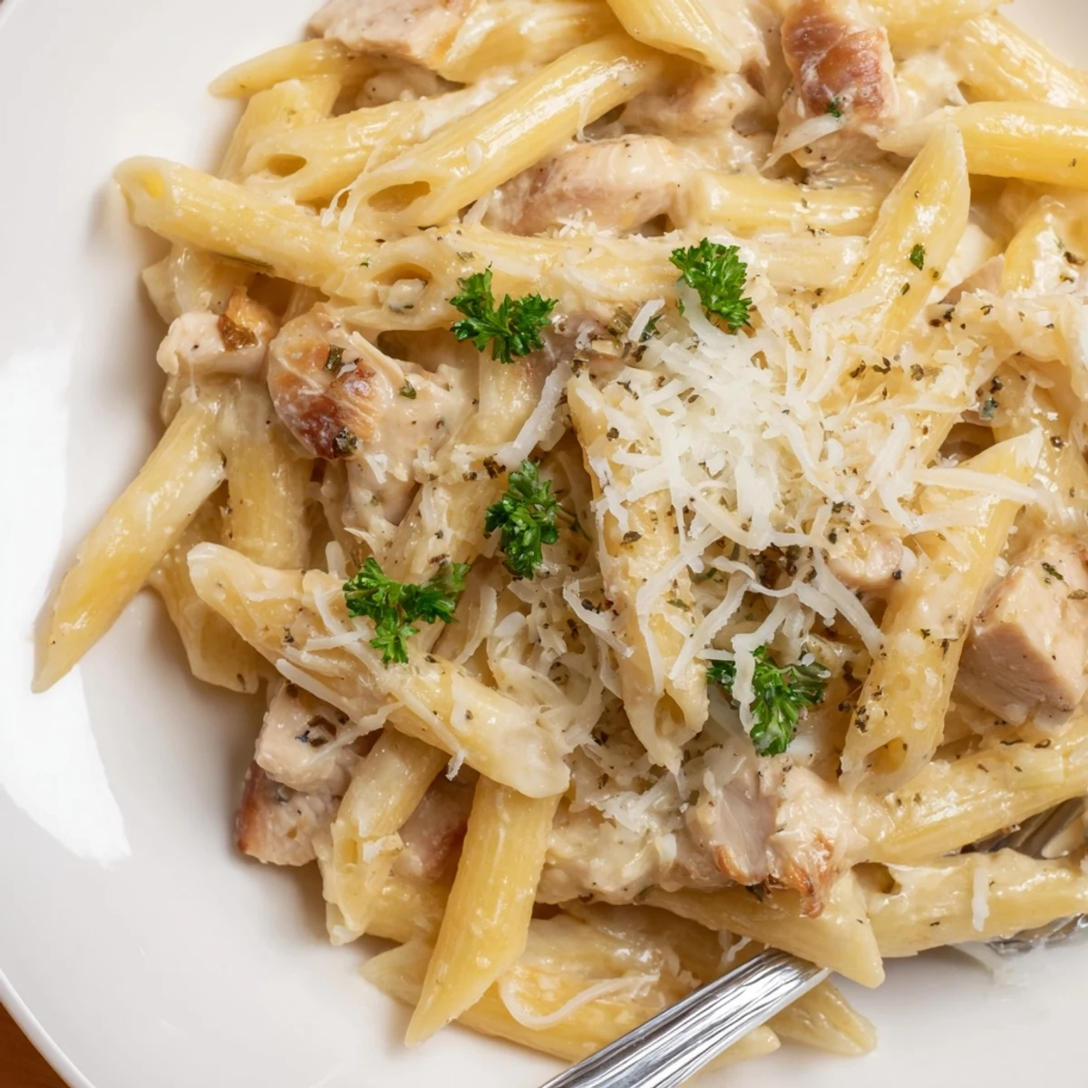 Creamy Chicken Alfredo Bake With Mozzarella Crust bubbling golden, served with parsley