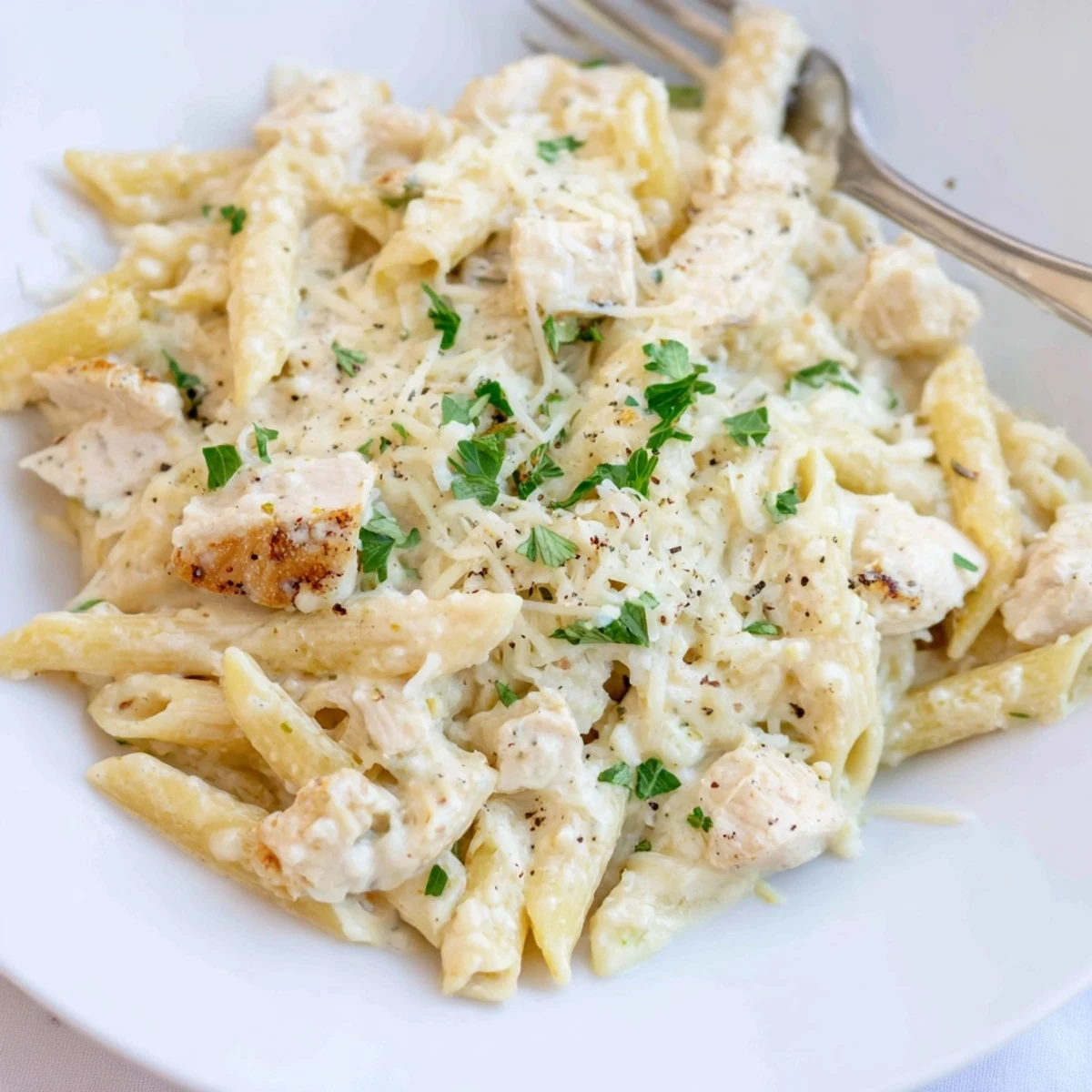 Creamy Chicken Alfredo Bake With Mozzarella Crust, ready to serve with crisp salad