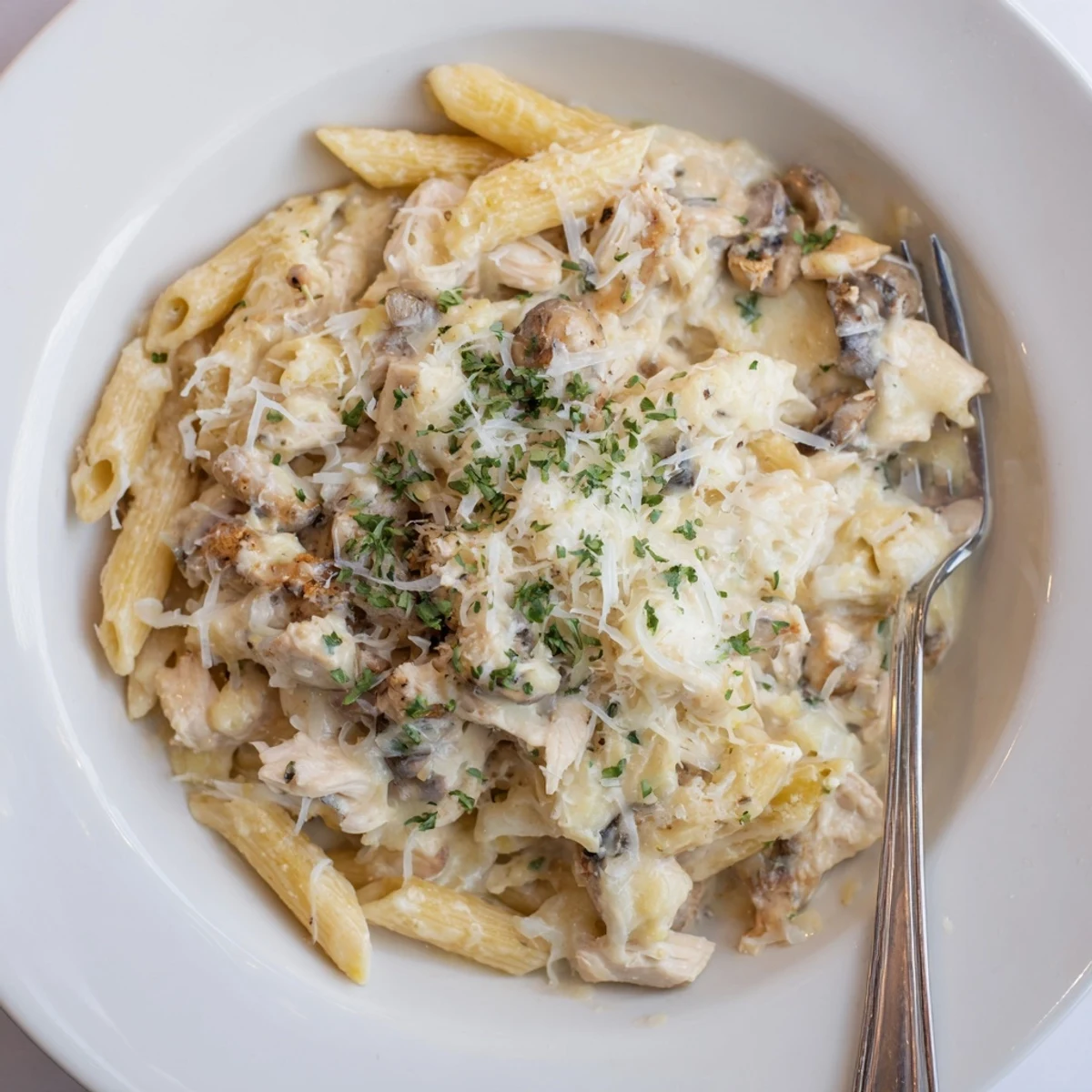 Hot from oven Creamy Chicken Alfredo Bake With Mozzarella Crust, cheese stretching