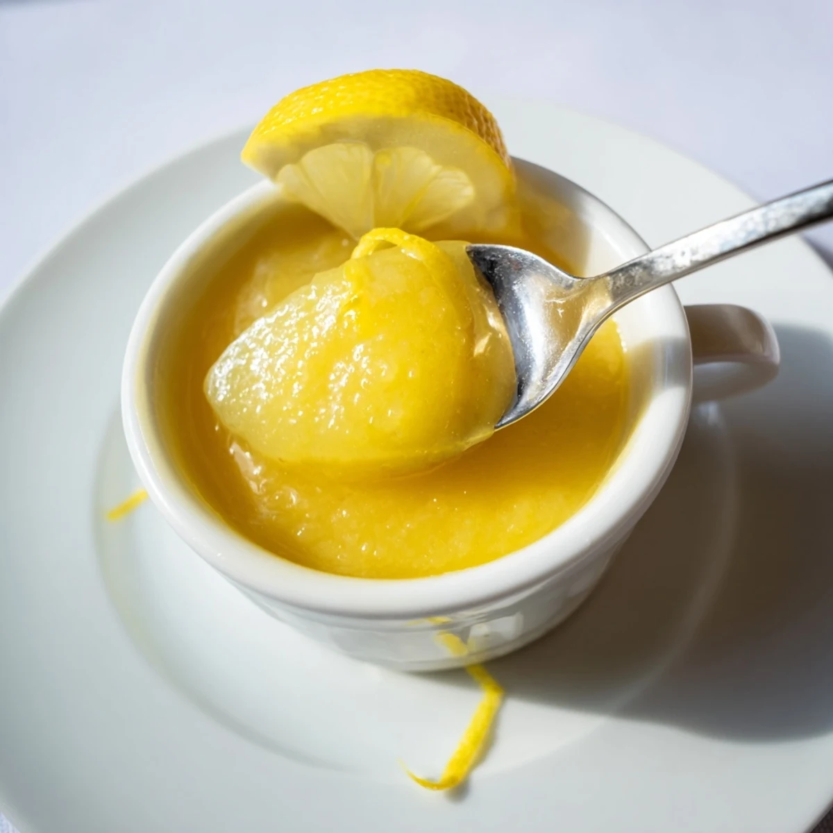 Silky, tangy Homemade Lemon Curd spooned into a jar, glossy surface