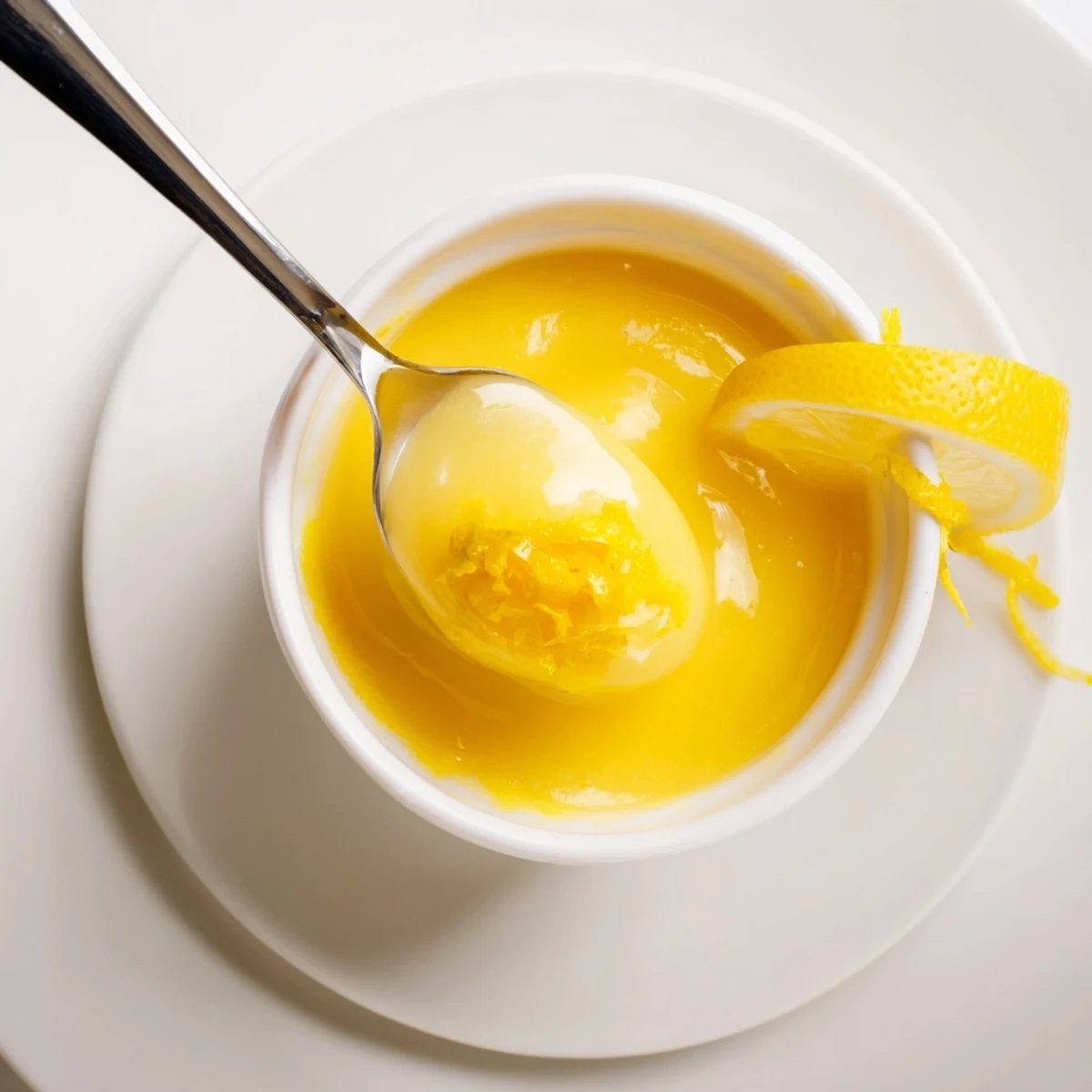 Thickened Homemade Lemon Curd cooling in bowl over double boiler, velvety