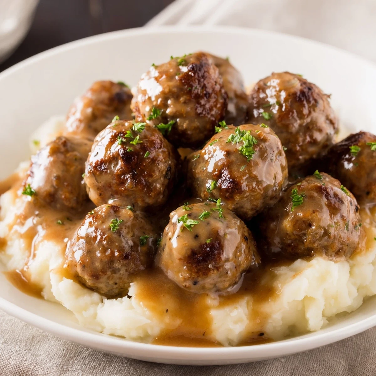 Crockpot Meatballs Gravy simmering in slow cooker, glossy brown sauce coating meatballs
