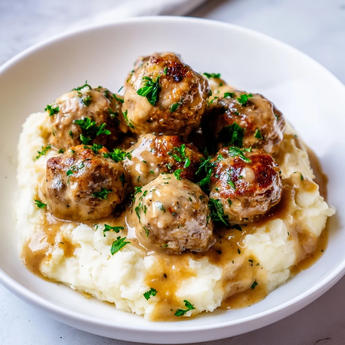 Hearty Crockpot Meatballs Gravy with flecks of parsley, tender beef meatballs visible