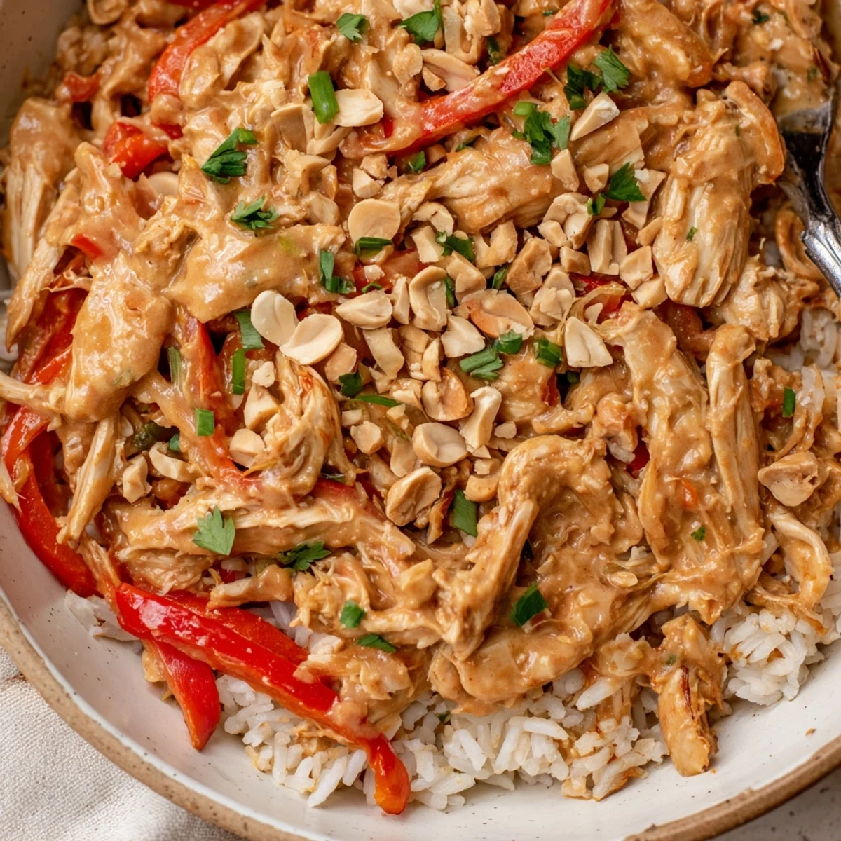 Crockpot Thai Peanut Chicken simmering in glossy sauce over fluffy jasmine rice