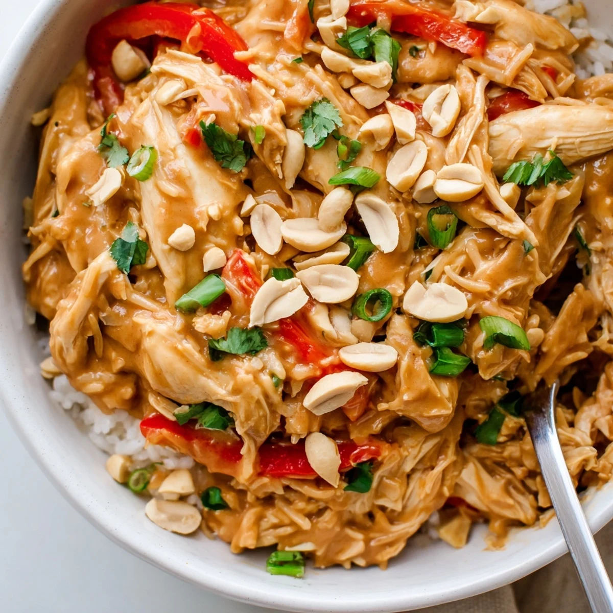 Hearty Crockpot Thai Peanut Chicken topped with chopped peanuts, cilantro, and scallions