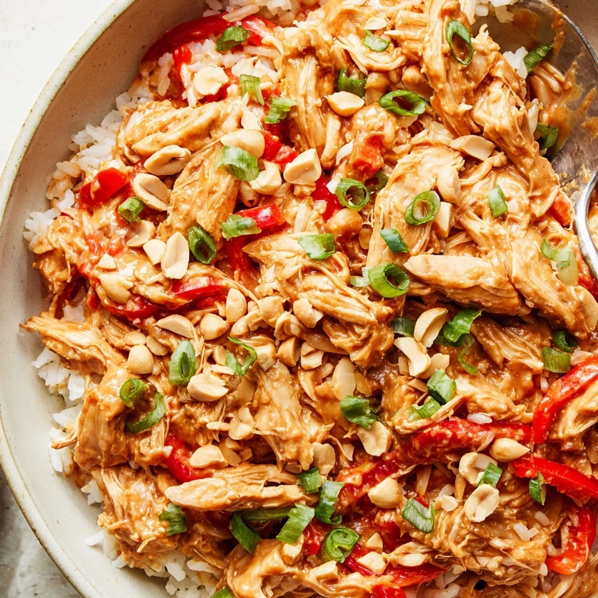 Slow cooked Crockpot Thai Peanut Chicken shredded in creamy coconut and lime