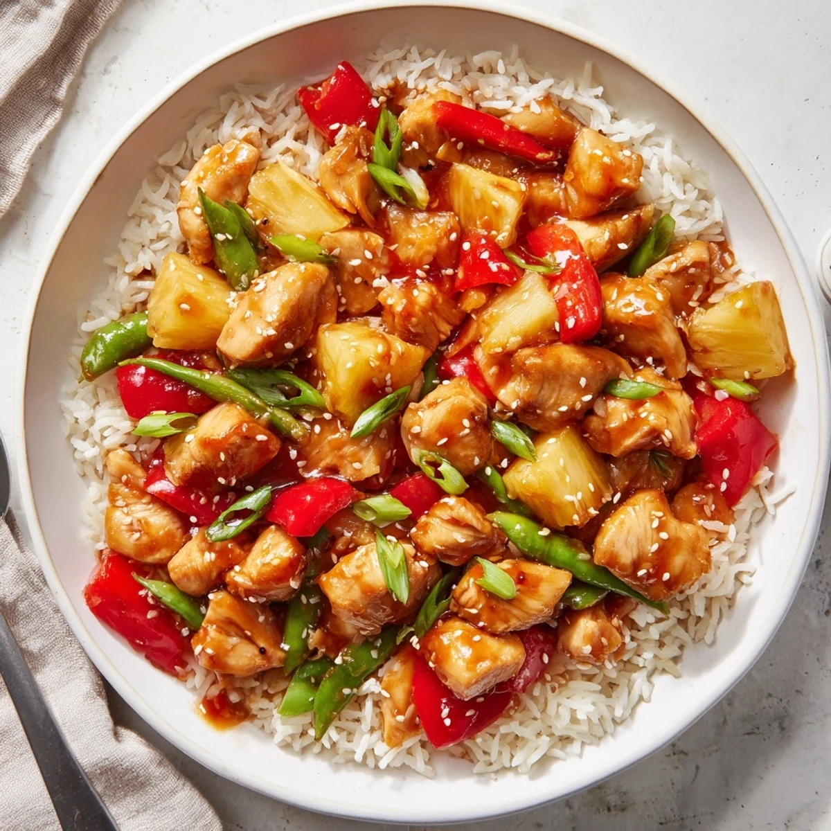 Pineapple Chicken And Rice sizzling in a wok, fragrant with ginger