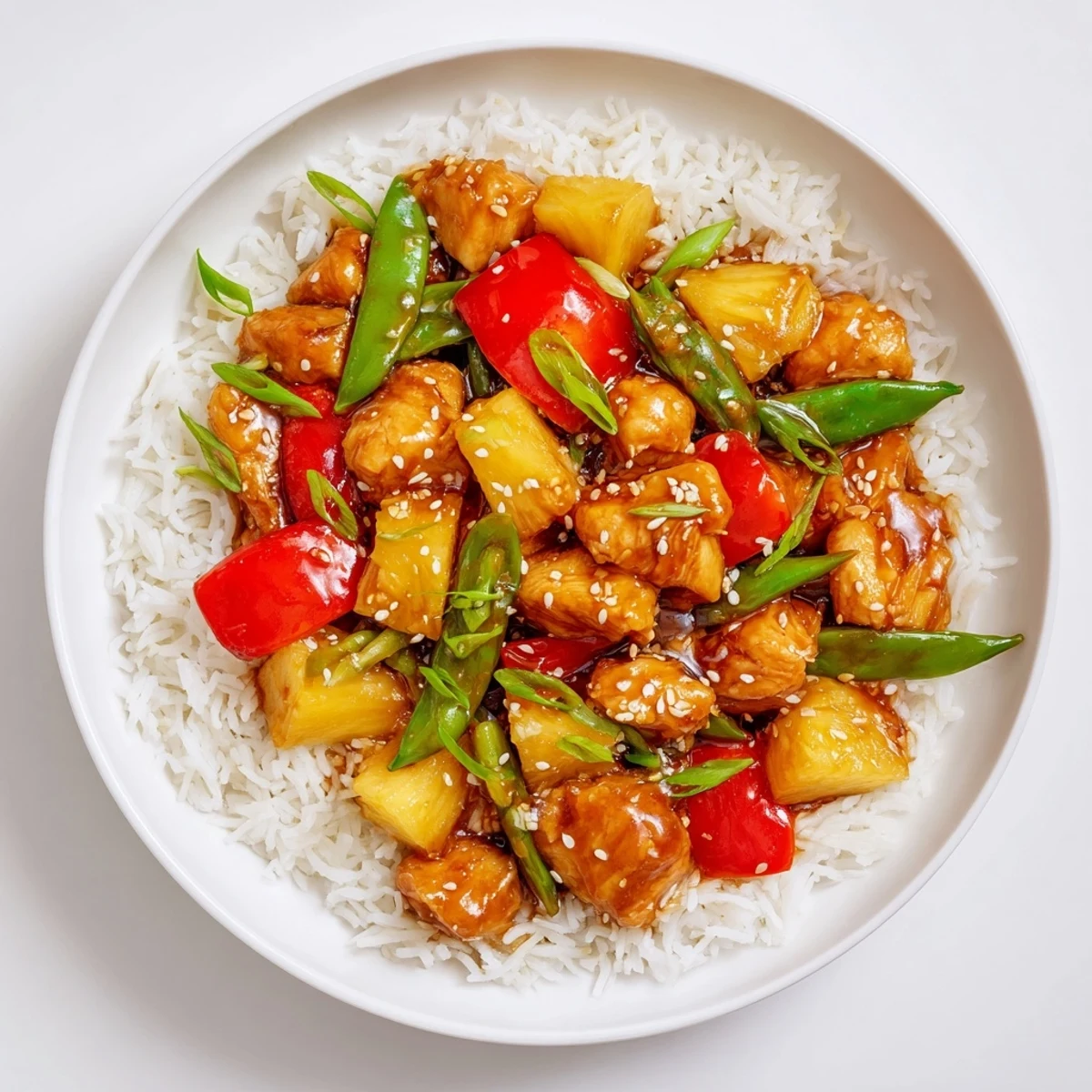 Bright Pineapple Chicken And Rice tossed with juicy bell peppers and green onions