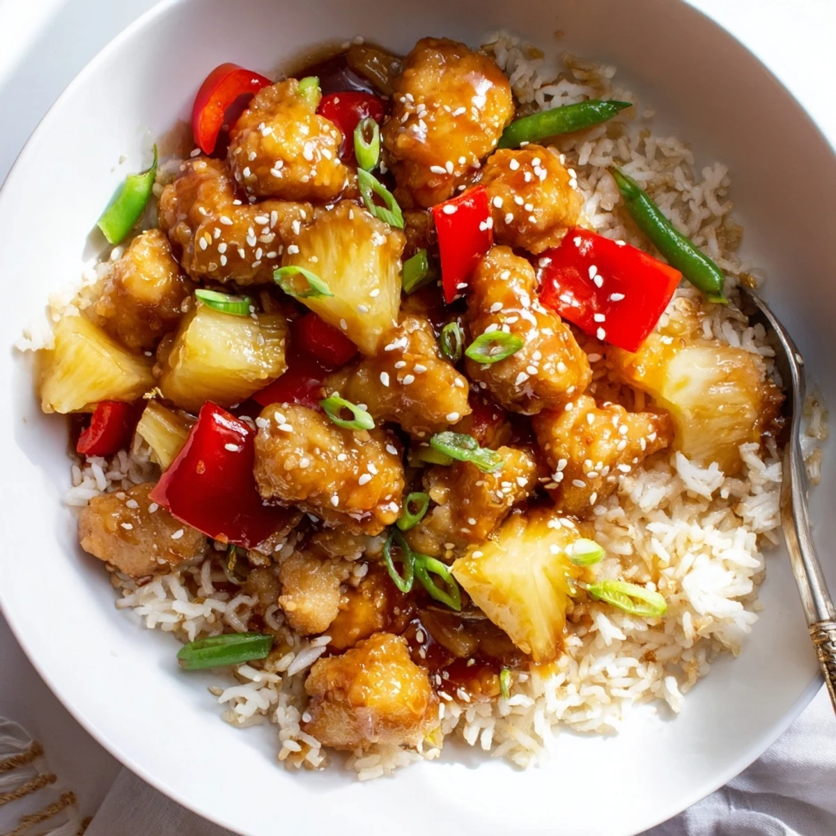 Savory Pineapple Chicken And Rice served hot with scallions and sesame