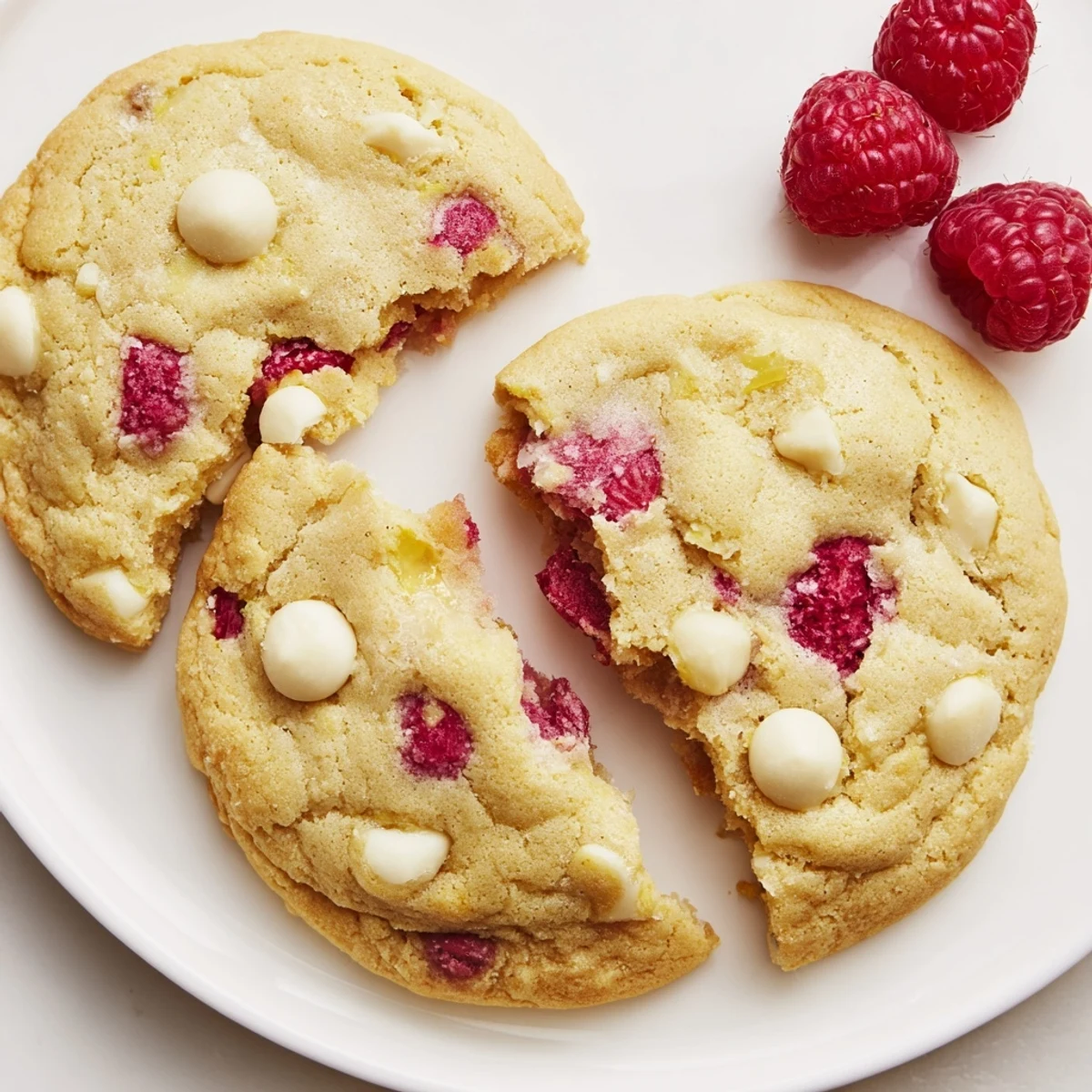 Chewy Lemon Raspberry Cookies piled on parchment, glossy berries and lemon zest