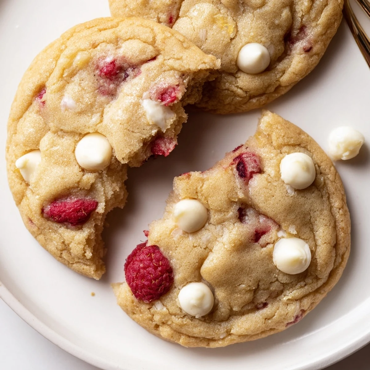 A stack of Chewy Lemon Raspberry Cookies served with a cup of tea