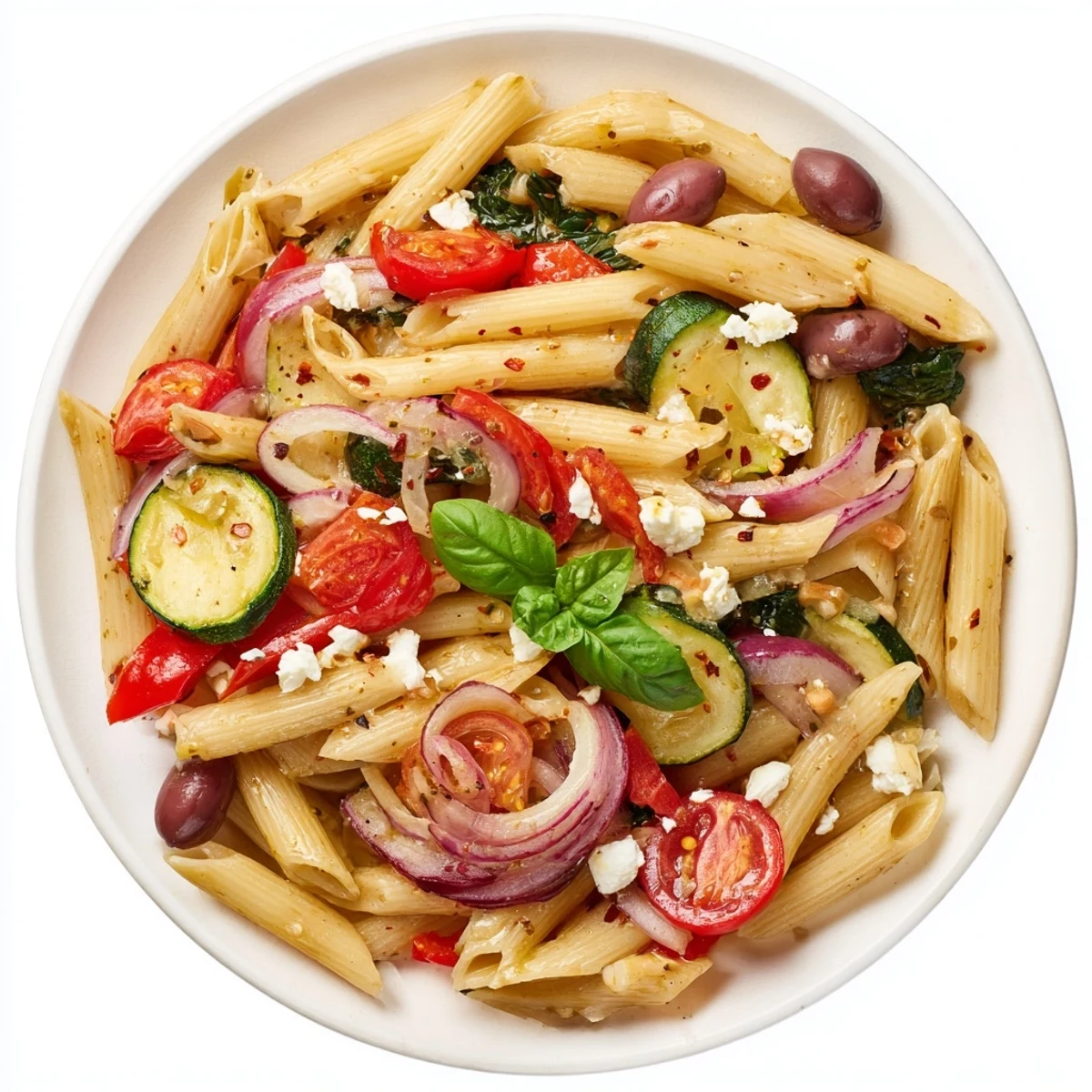 Steamy Mediterranean one pot pasta featuring colorful vegetables, olives, and melted feta cheese in a rustic shallow bowl