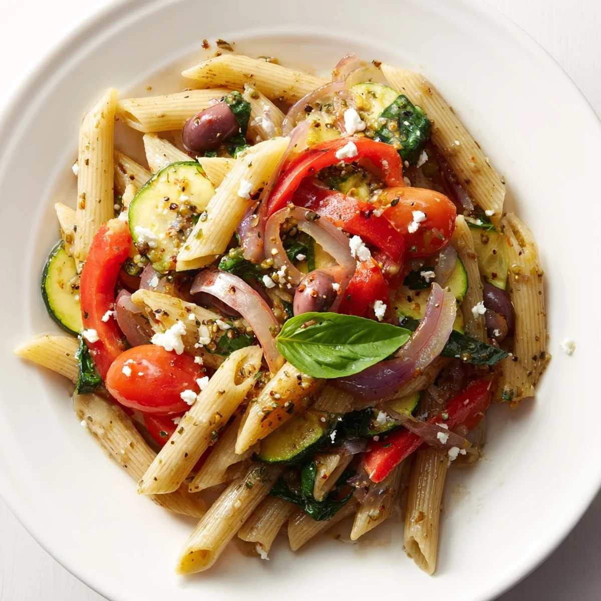 Golden penne pasta tossed with roasted red peppers, zucchini, cherry tomatoes, and Kalamata olives in this vibrant Mediterranean one pot pasta
