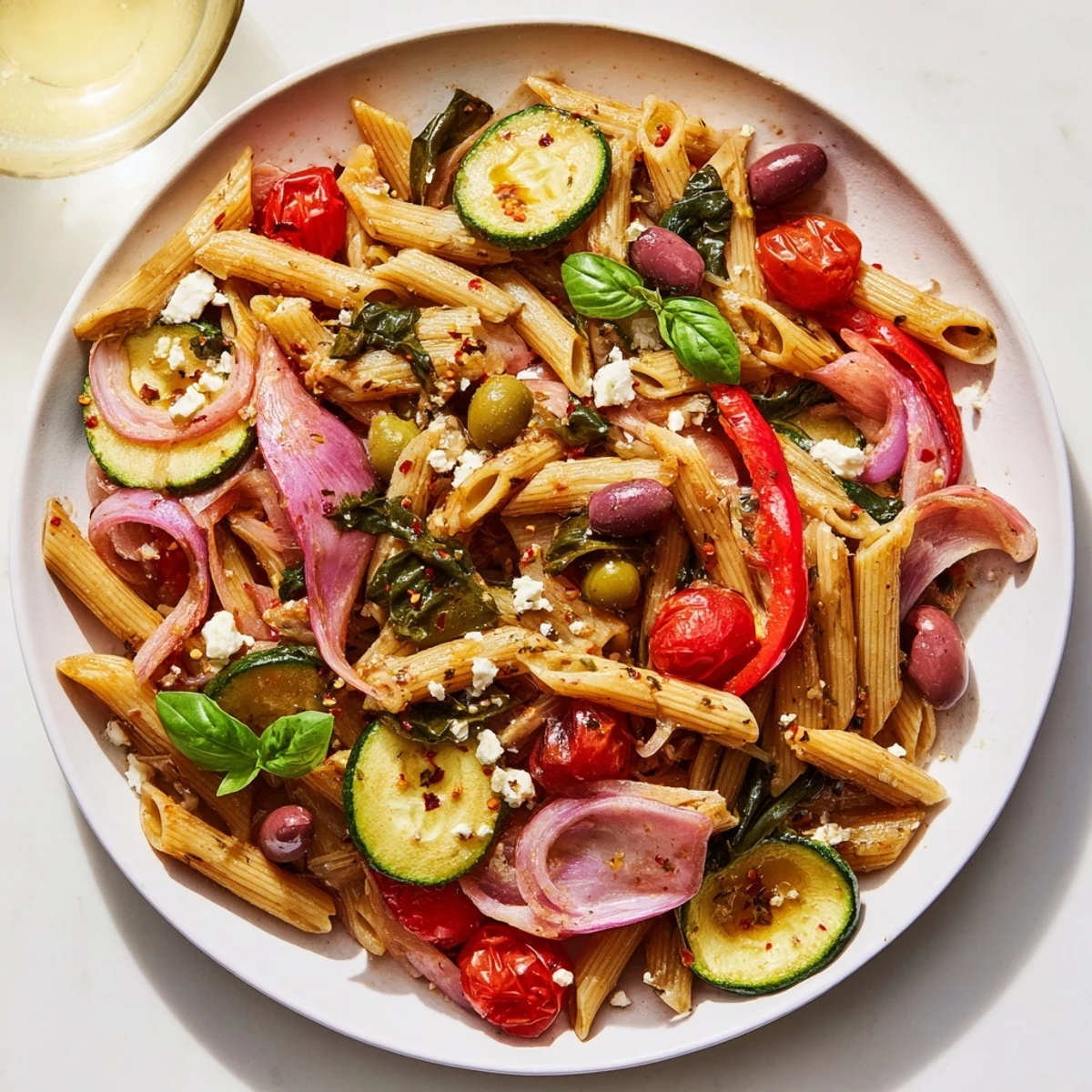 Close up of Mediterranean one pot pasta showcasing fresh basil, spinach, and crumbled feta on al dente noodles