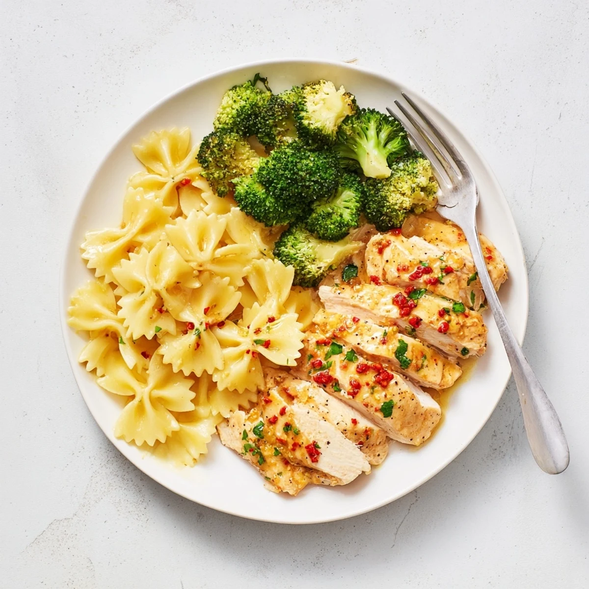 Golden cowboy butter chicken slices resting over lemony bowtie pasta and bright green broccoli florets