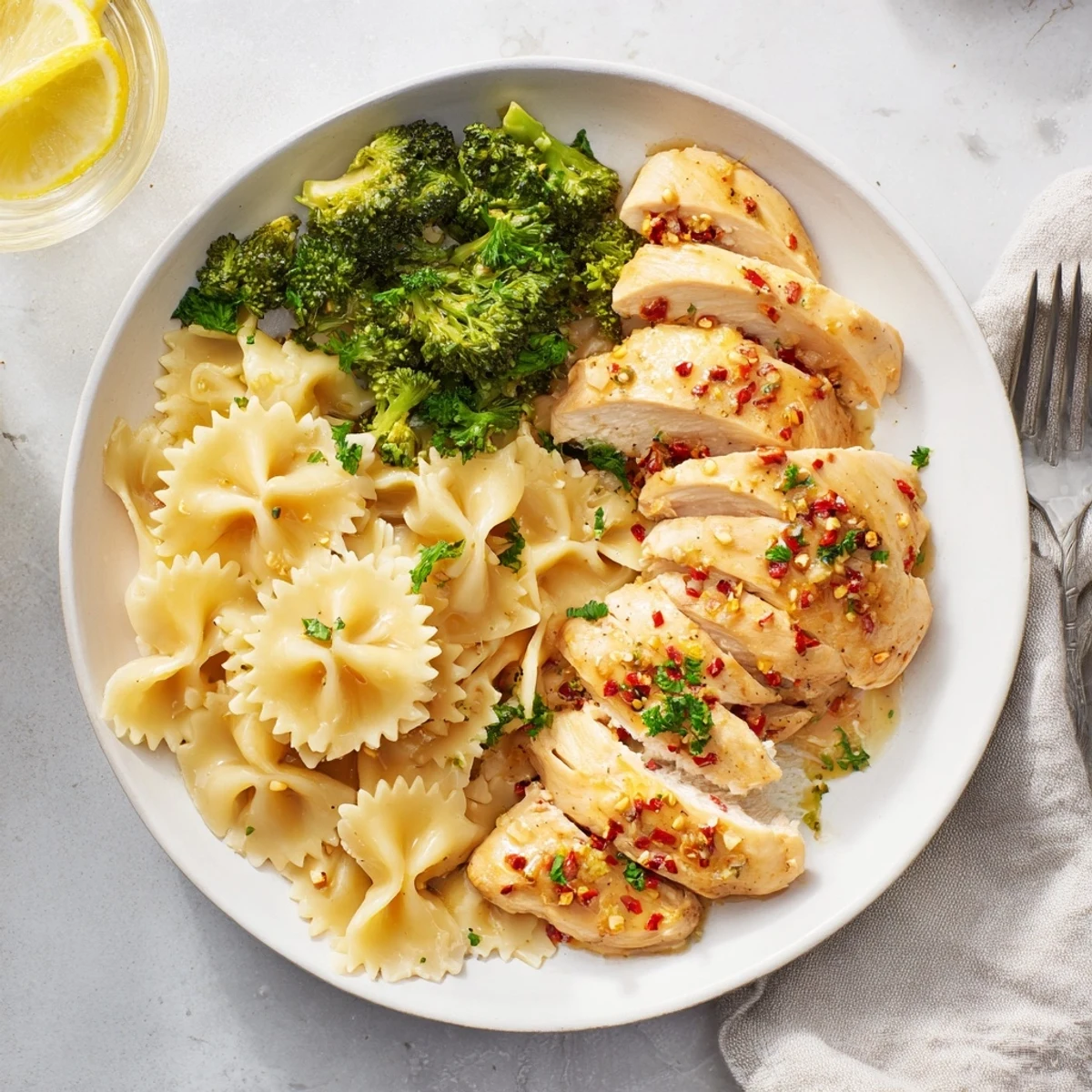 Juicy spice-rubbed chicken topped with melting herb butter alongside zesty lemon pasta and crisp tender broccoli