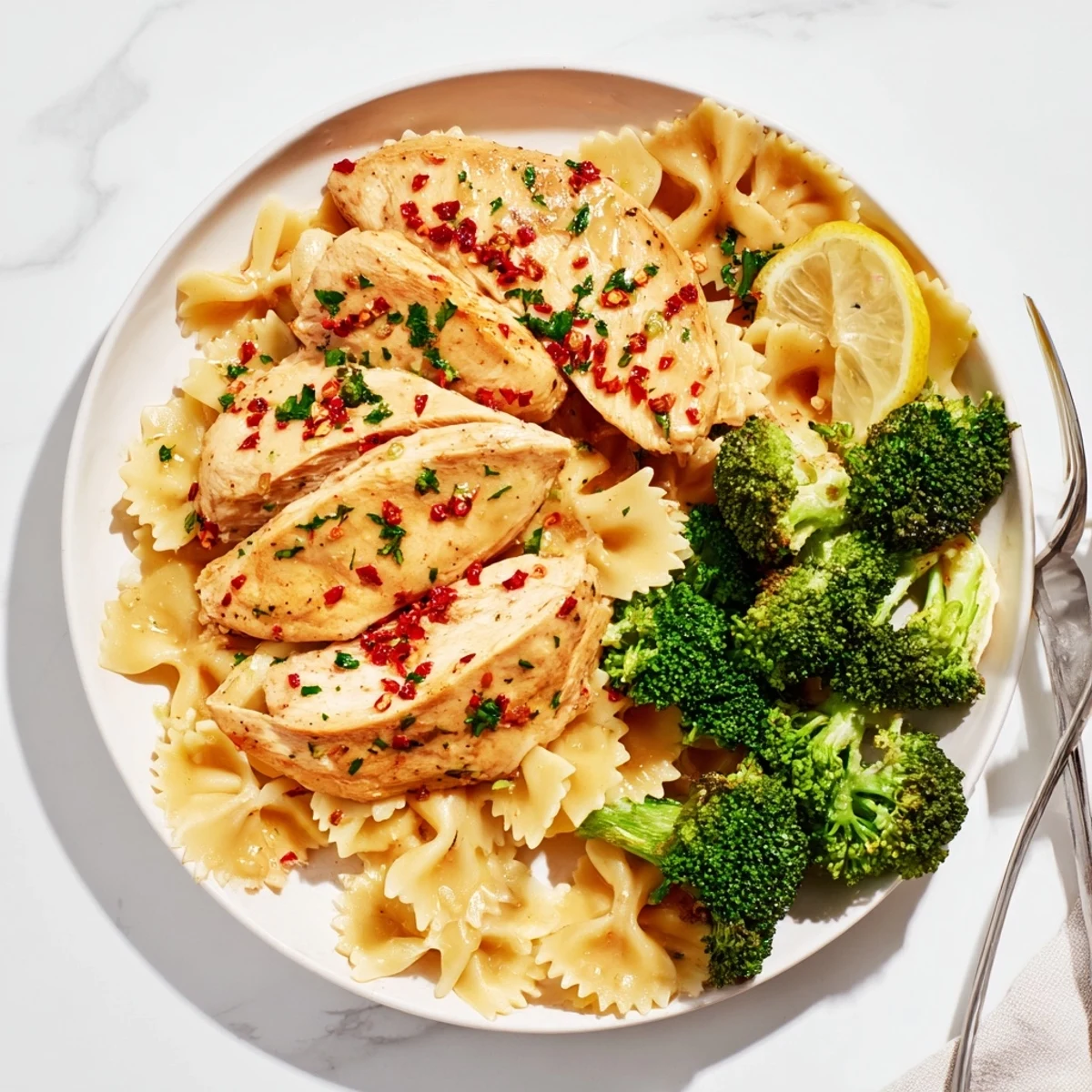 Sliced chicken breasts coated in zesty cowboy butter served over farfalle pasta with fresh broccoli and lemon garnish