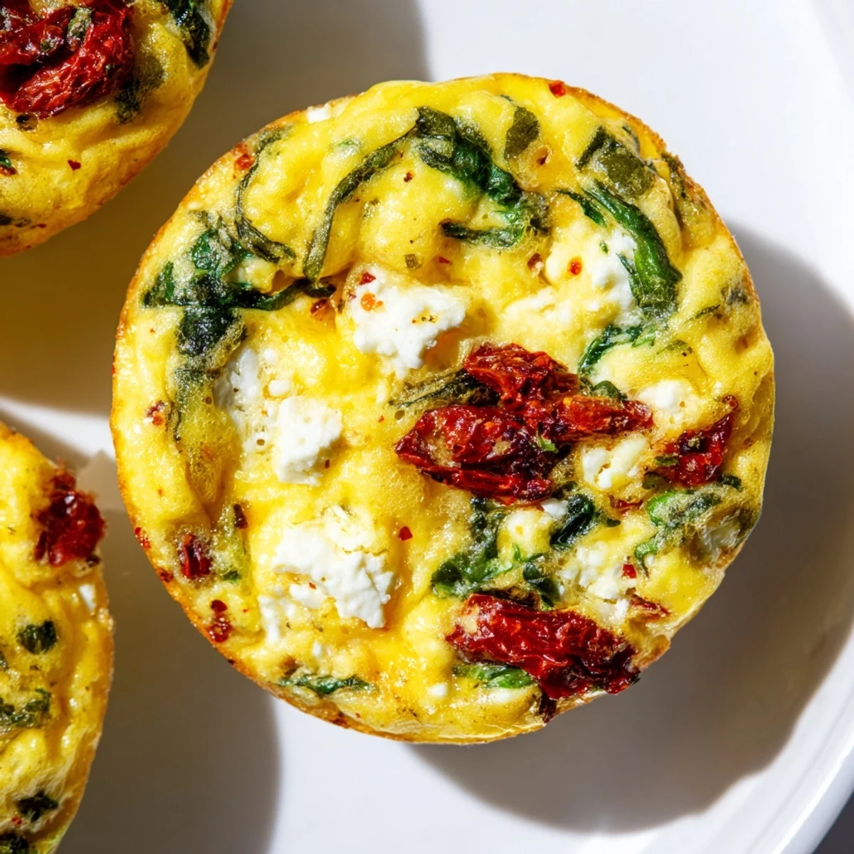 Baked egg muffin cups featuring sun-dried tomatoes and spinach for easy breakfast