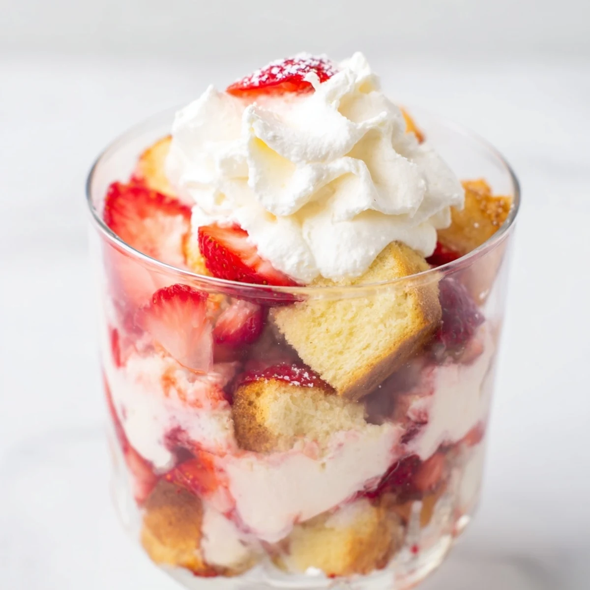 Layered strawberry shortcake trifle featuring golden shortcake cubes, juicy red strawberries, and fluffy white whipped cream in a clear glass
