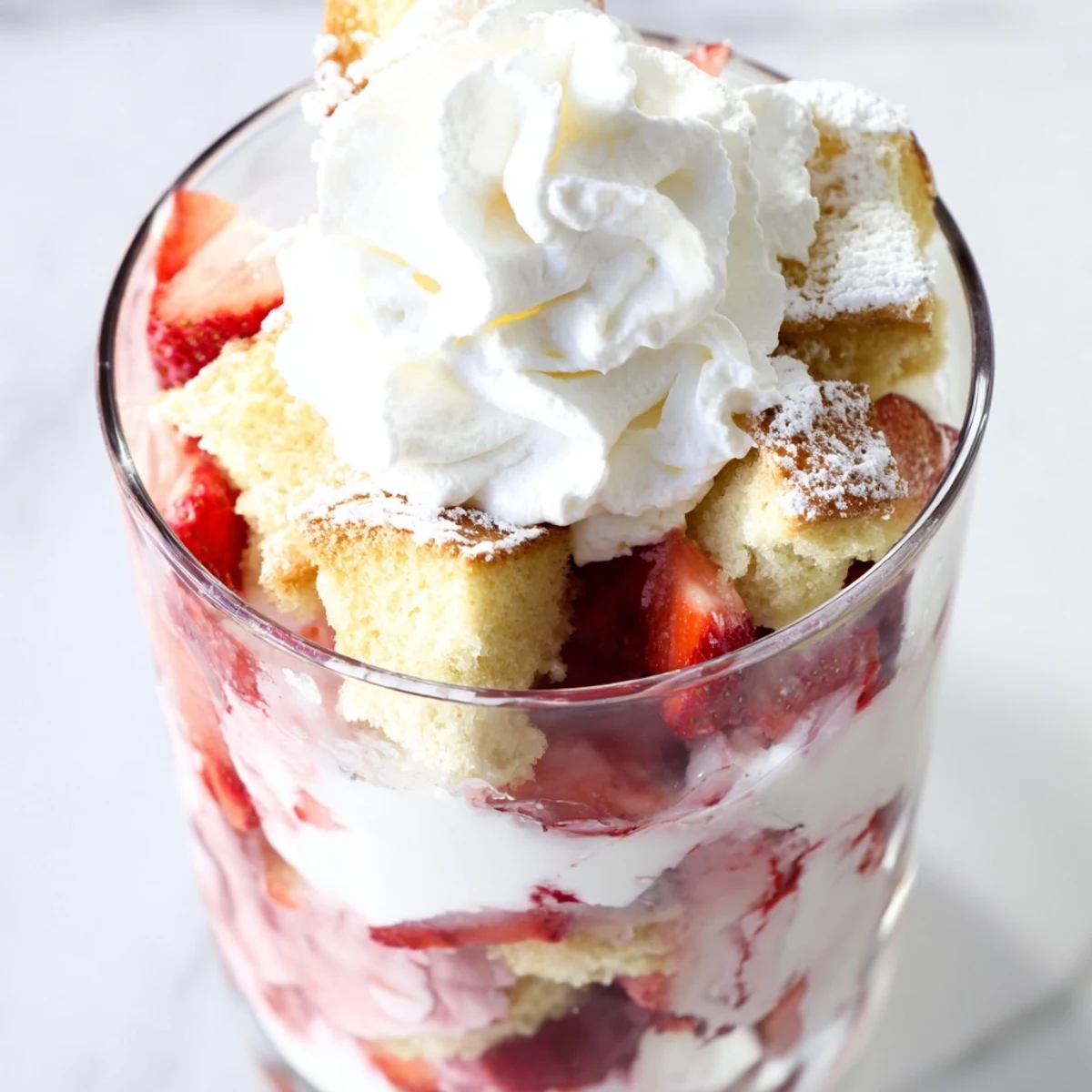 Elegant strawberry shortcake trifle dessert showcasing fresh berry layers, tender cake pieces, and sweet cream in individual serving glasses