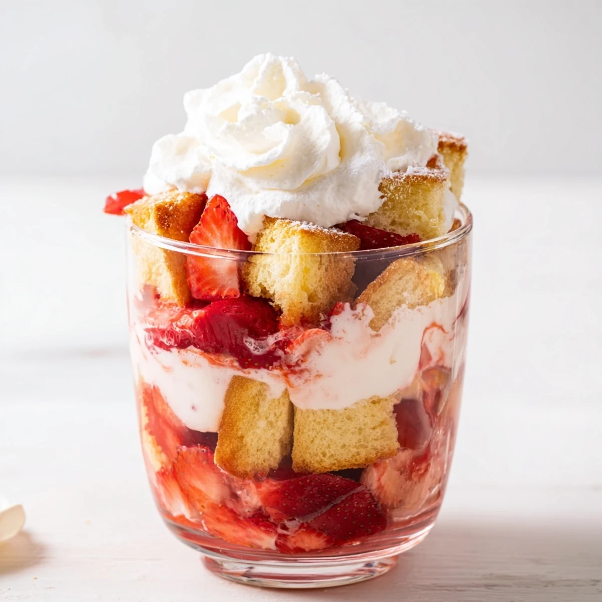 Homemade strawberry shortcake trifle with macerated strawberries, buttery shortcake chunks, and vanilla whipped cream stacked in beautiful parfait glasses