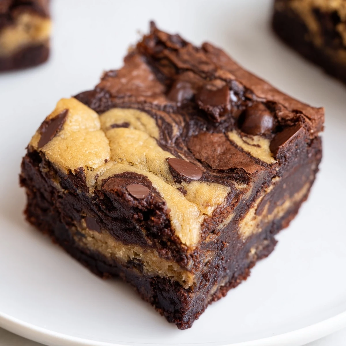 Freshly baked fudgy chewy brookies with gooey chocolate layers and golden edges on a white plate