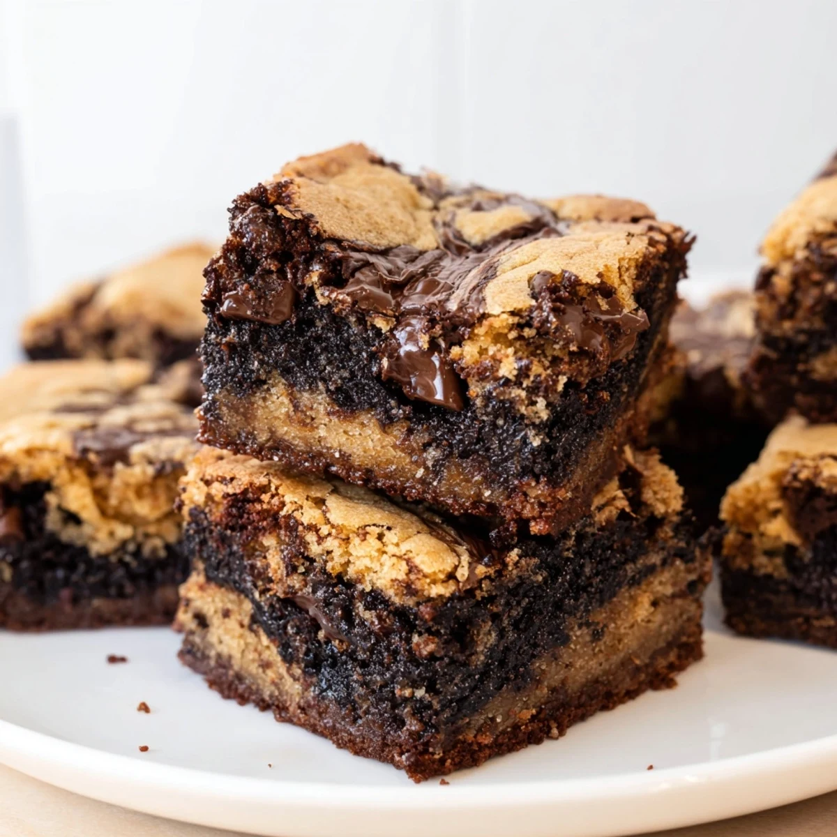 Decadent fudgy chewy brookies cut into squares showcasing dual layers of melted chocolate chips and crumbly texture