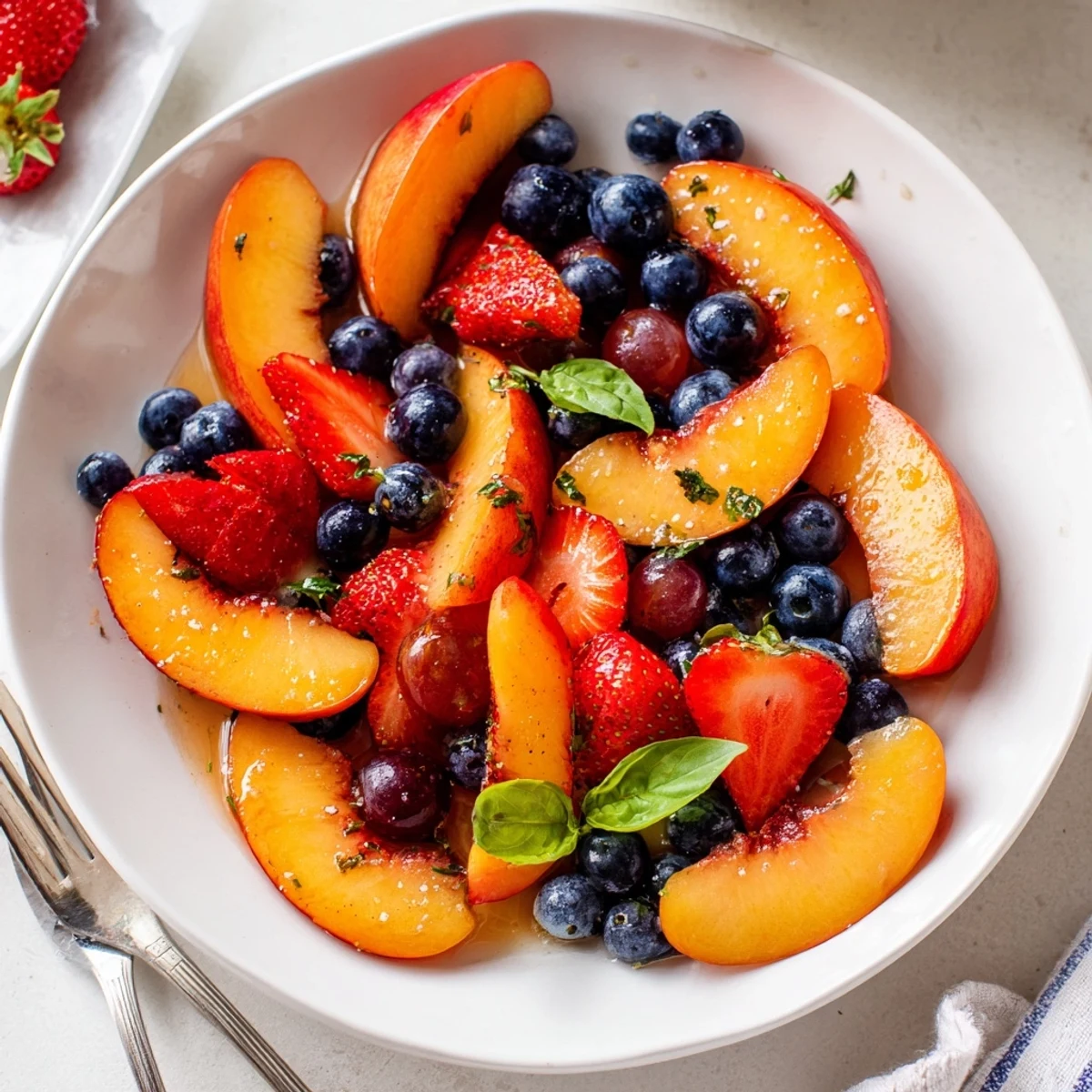 Honey Lime Basil Peach Fruit Salad served chilled, juicy peaches and zesty lime.