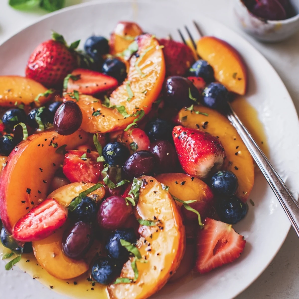 A vibrant Honey Lime Basil Peach Fruit Salad tossed with honey, fresh basil.
