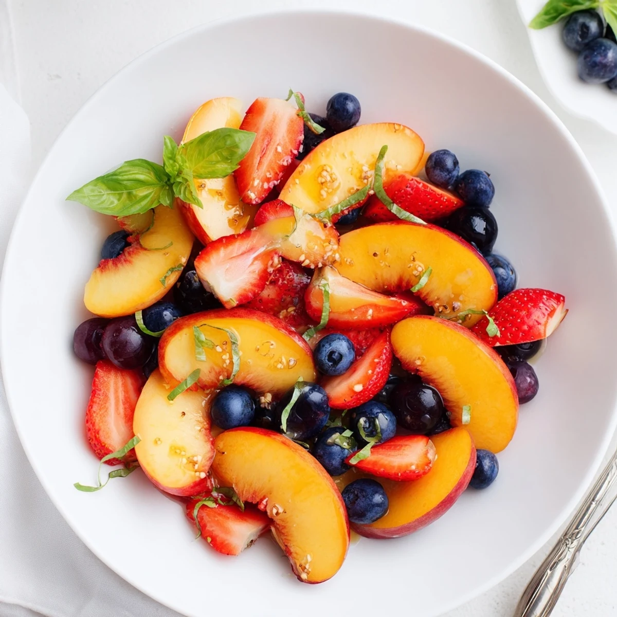 Honey Lime Basil Peach Fruit Salad perfect for picnics, bright berries and herbs.