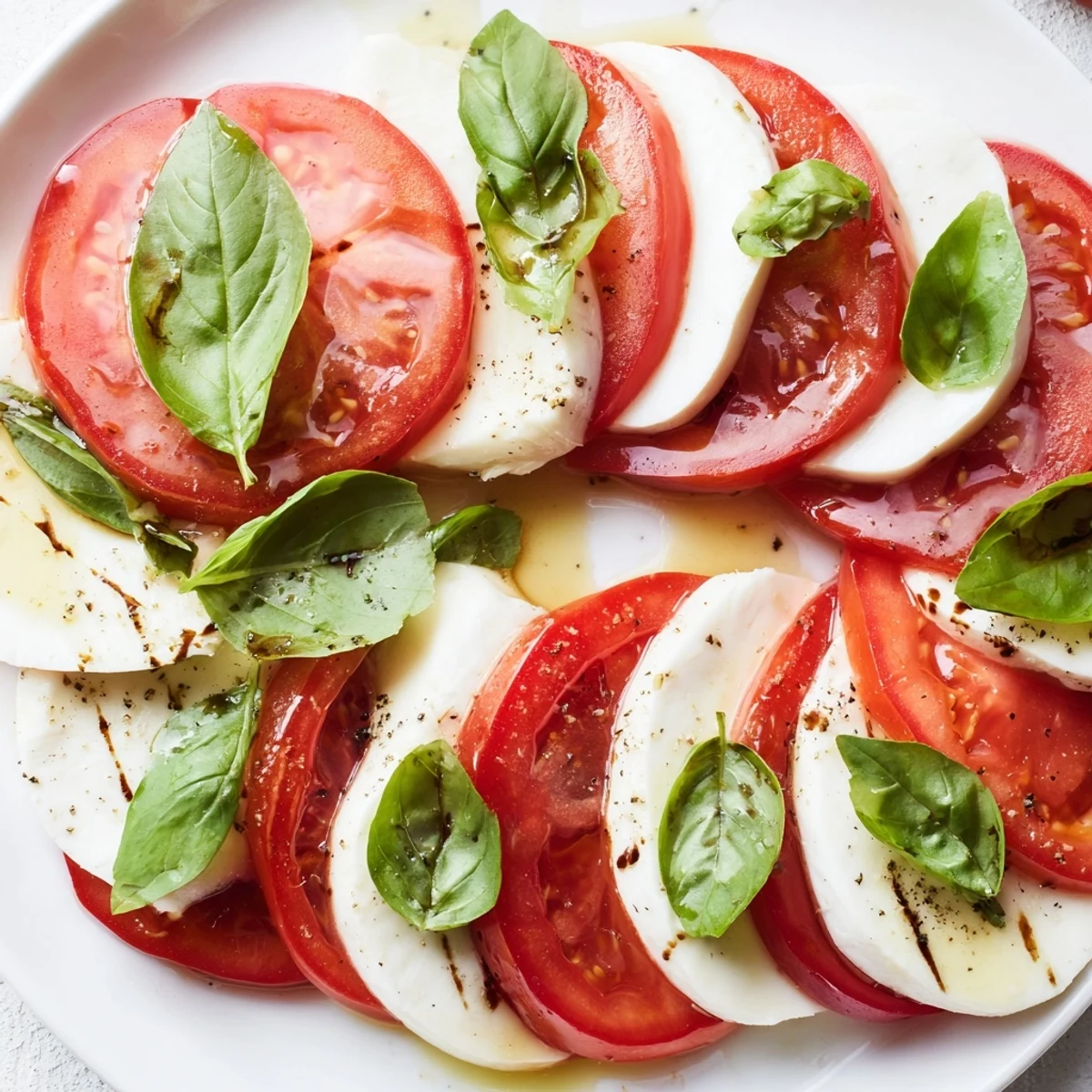 Bright Caprese Salad arranged on platter, basil tucked between slices