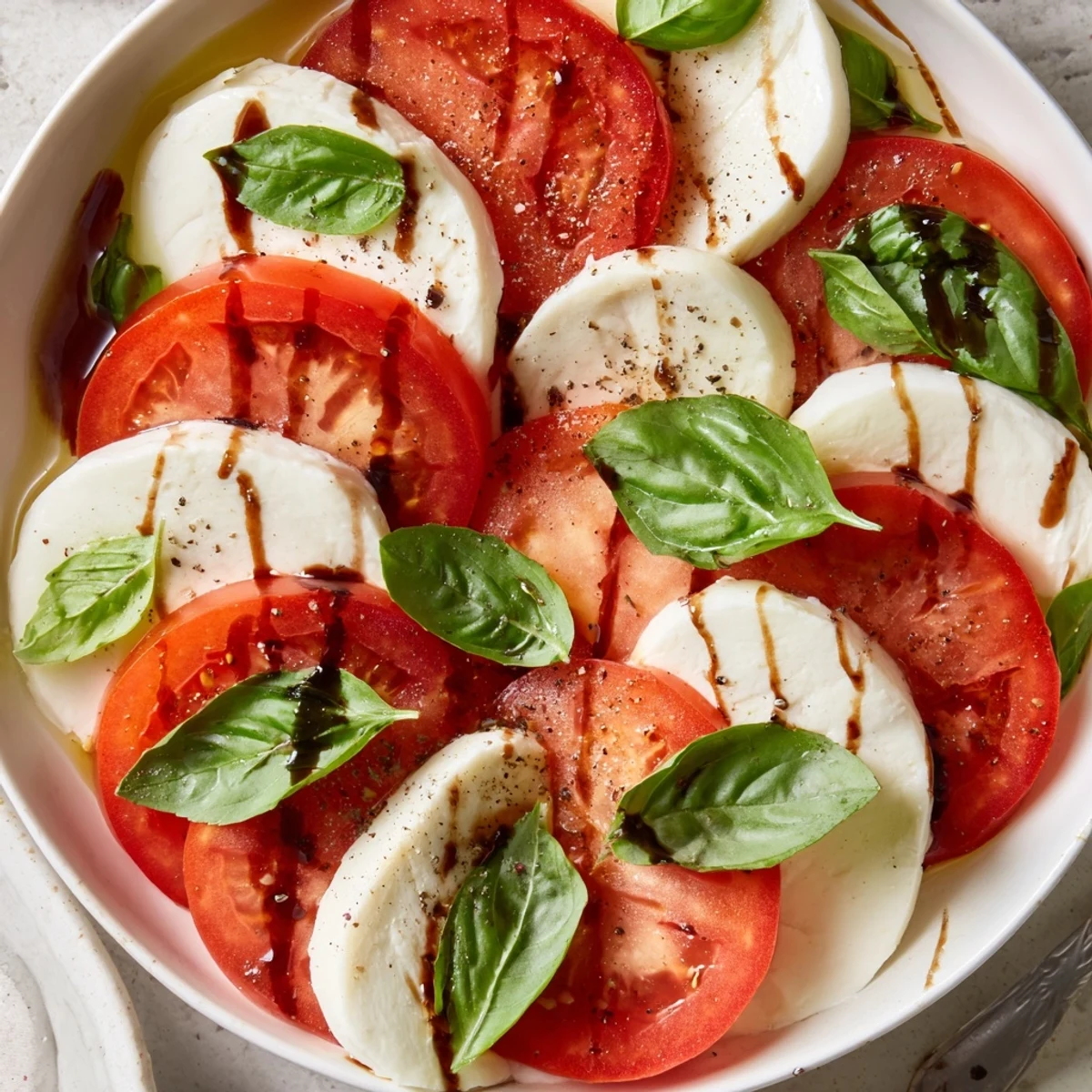 Caprese Salad with ripe tomato and creamy mozzarella, glossy olive oil drizzle