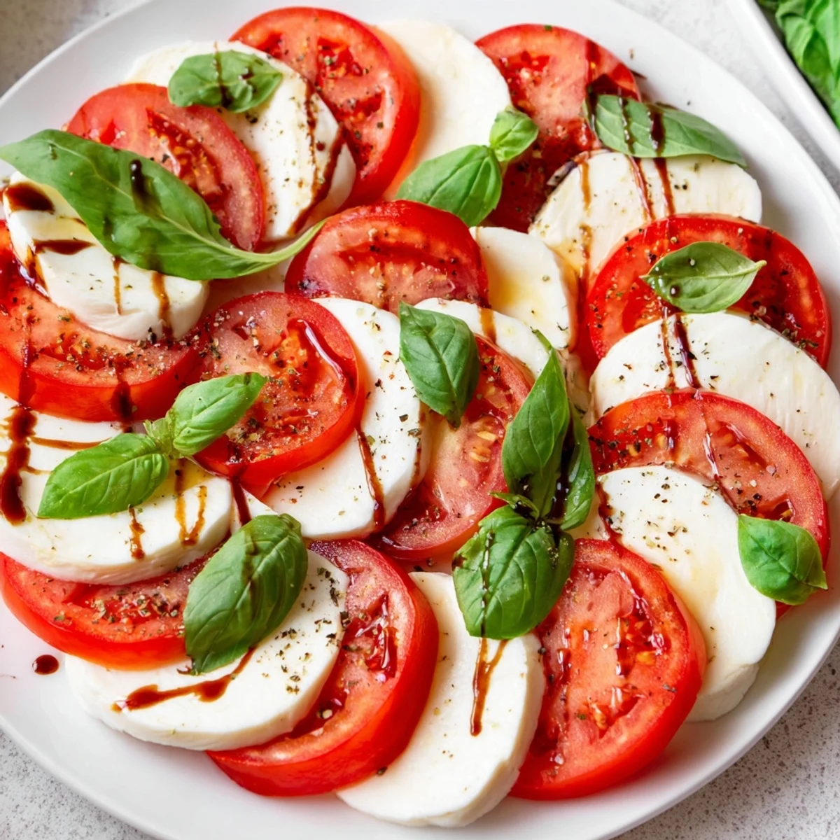 Simple Caprese Salad ready to serve, sprinkled with sea salt and cracked pepper