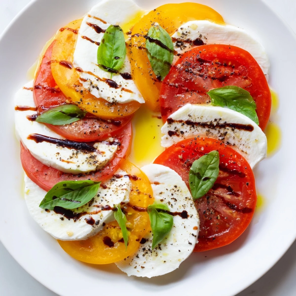 Caprese salad with creamy mozzarella, ripe tomatoes, and fresh basil leaves