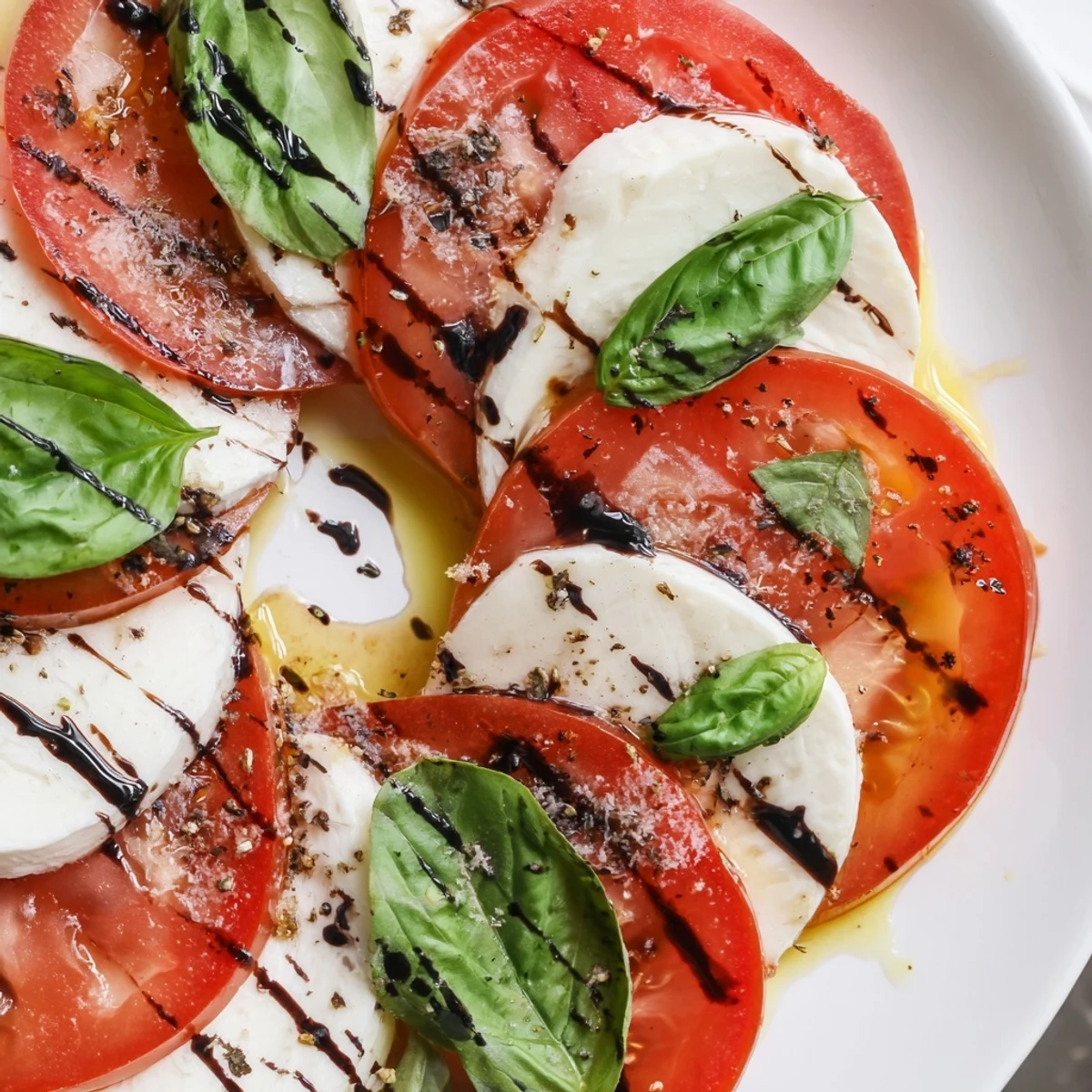 Sliced tomato and mozzarella Caprese salad drizzled with golden olive oil