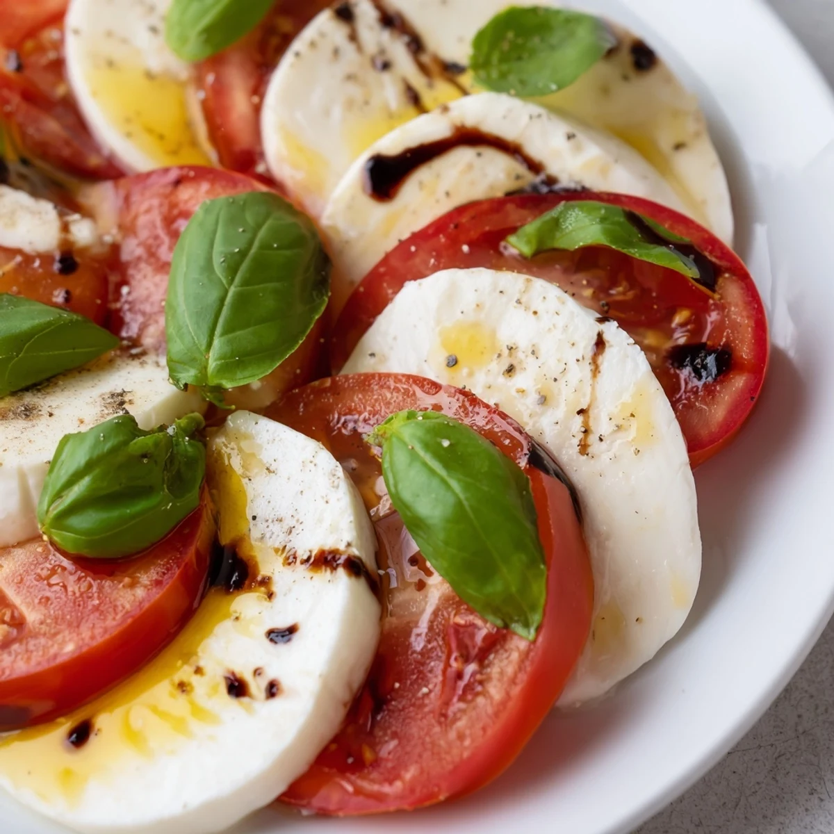 Vibrant Caprese salad arranged on a platter with balsamic glaze and basil
