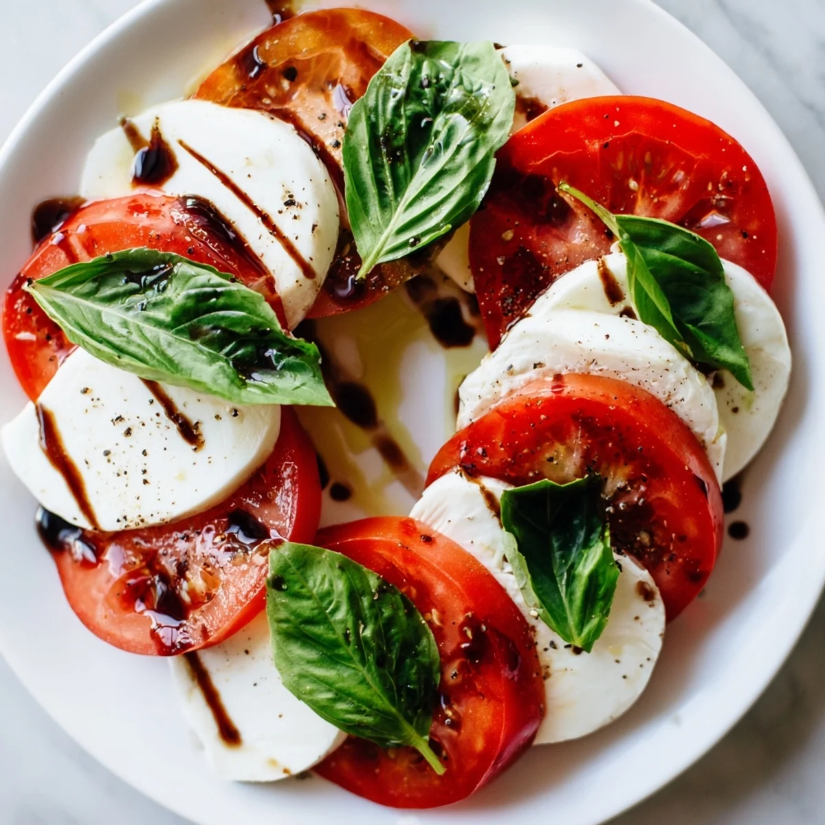 Caprese salad recipe drizzled with balsamic glaze, juicy tomatoes, creamy mozzarella.
