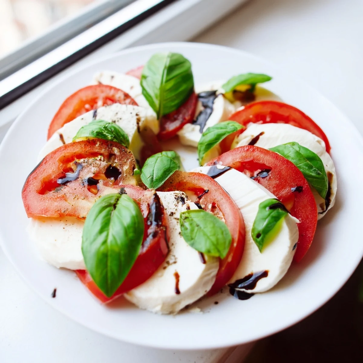 Fresh Caprese salad recipe arranged on platter, fragrant basil, olive oil sheen.