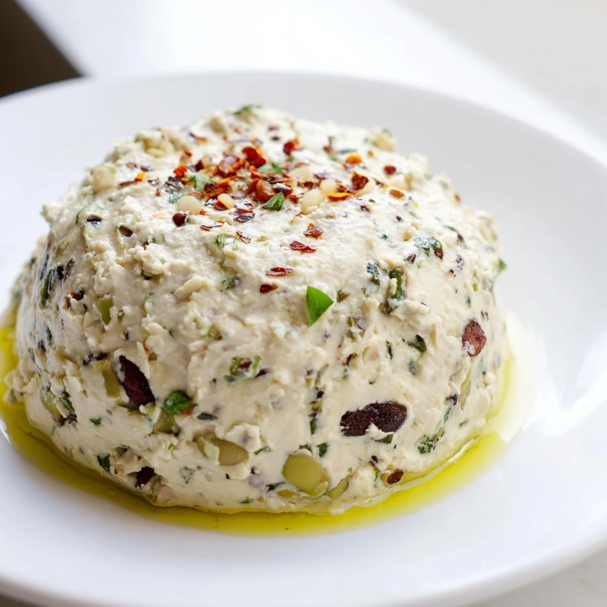 Creamy Italian Style Olive and Cheese Spread topped with fresh basil and served alongside crispy crostini