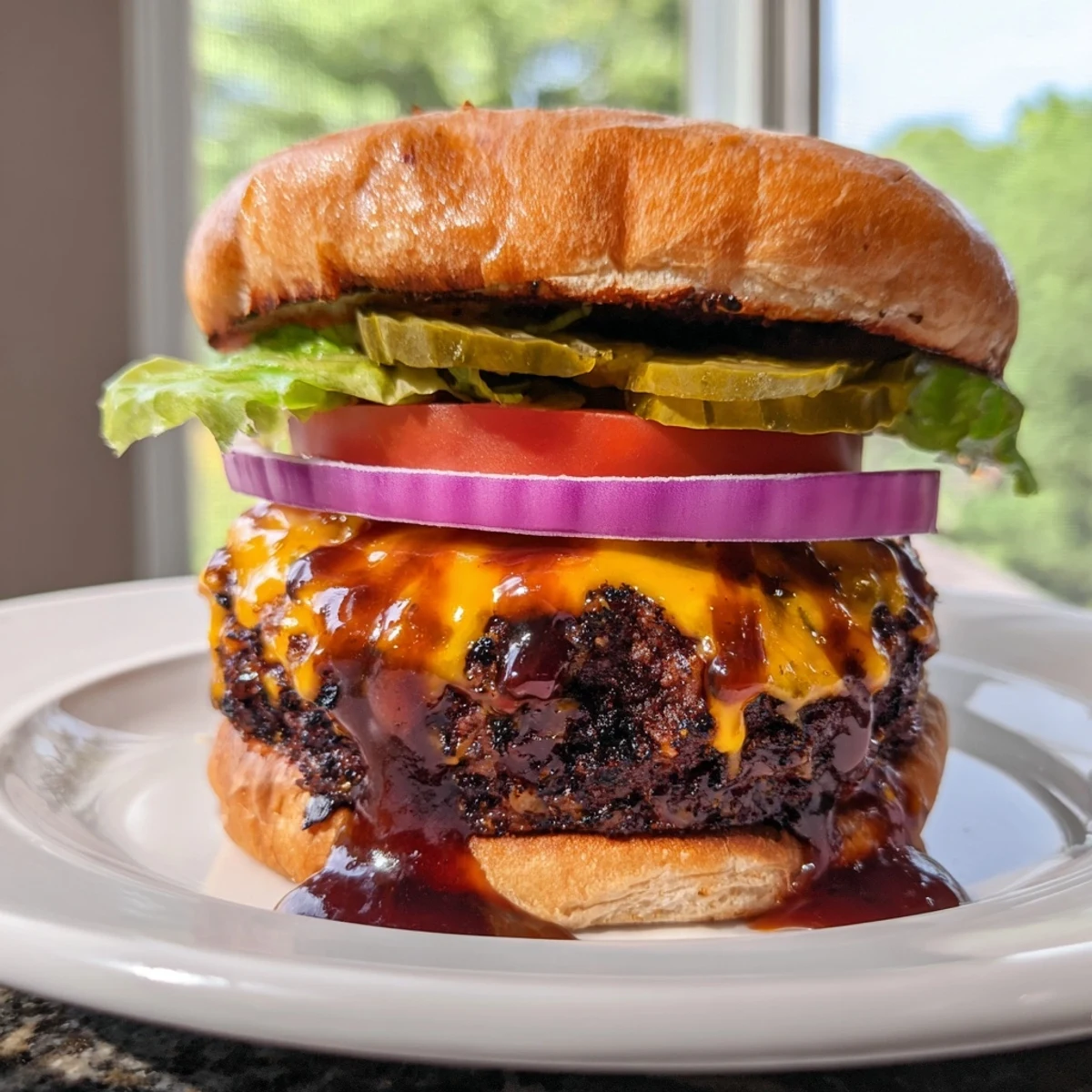 Juicy coffee rub burgers with smoky BBQ sauce on toasted buns, fresh lettuce, and melted cheddar