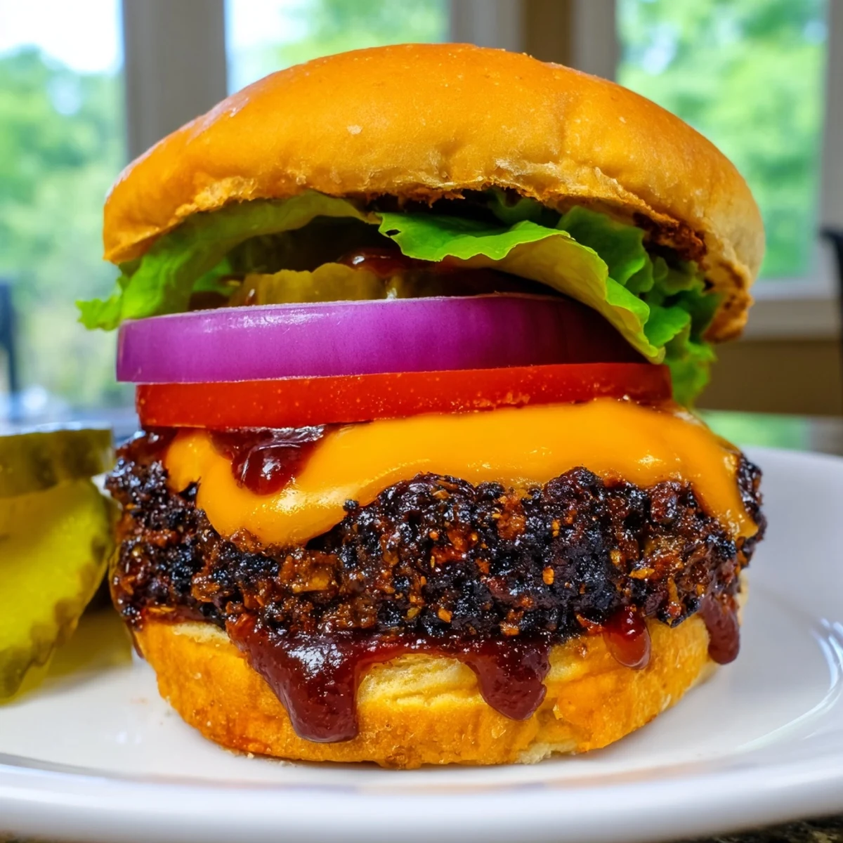 Grilled coffee rub burgers topped with rich smoky BBQ sauce, crisp pickles, and ripe tomato slices