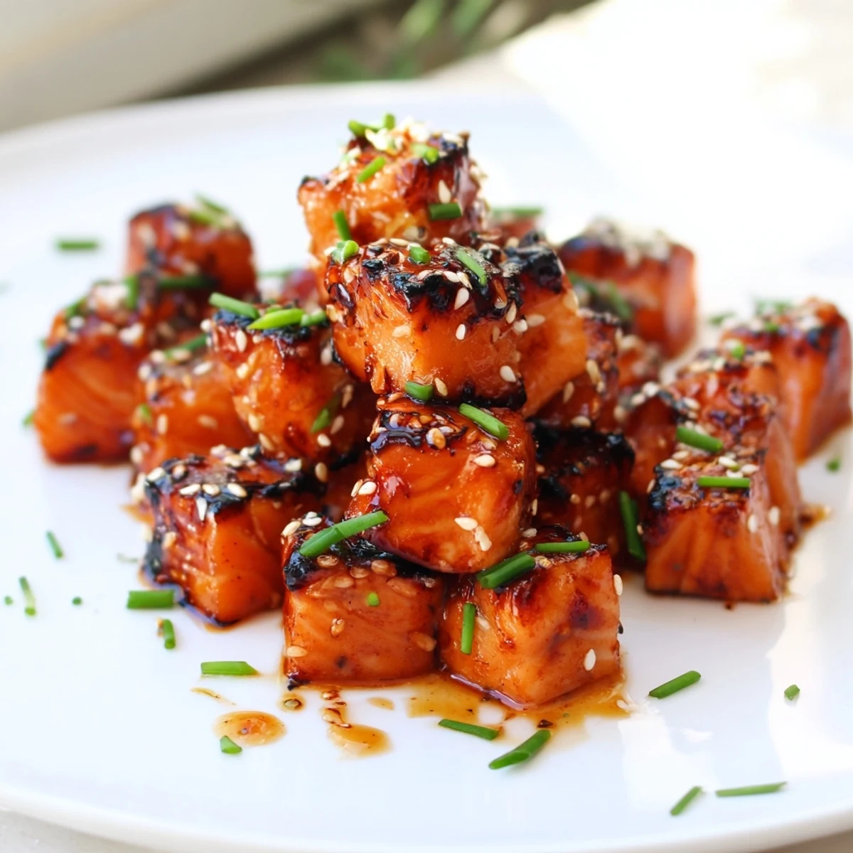 Glossy hot honey salmon bites topped with sesame seeds and fresh chives on a white platter