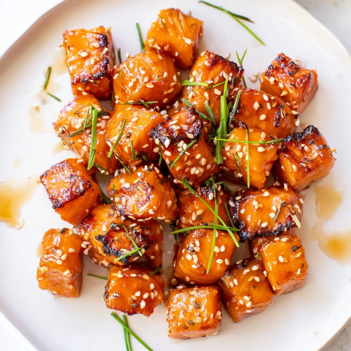 Caramelized hot honey salmon bites draped in sticky spicy-sweet glaze ready for serving