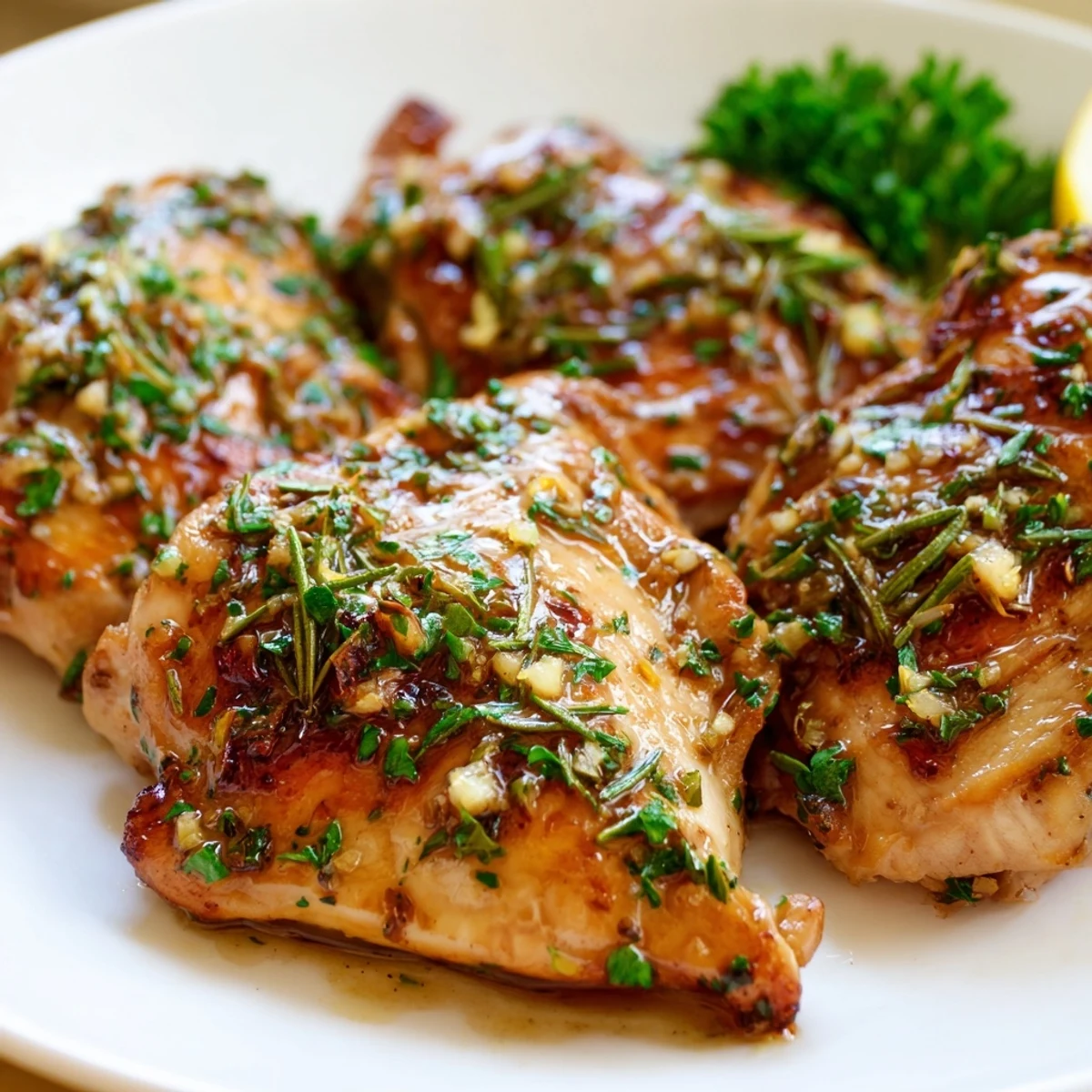 Golden savory garlic herb chicken with crispy edges on a white dinner plate