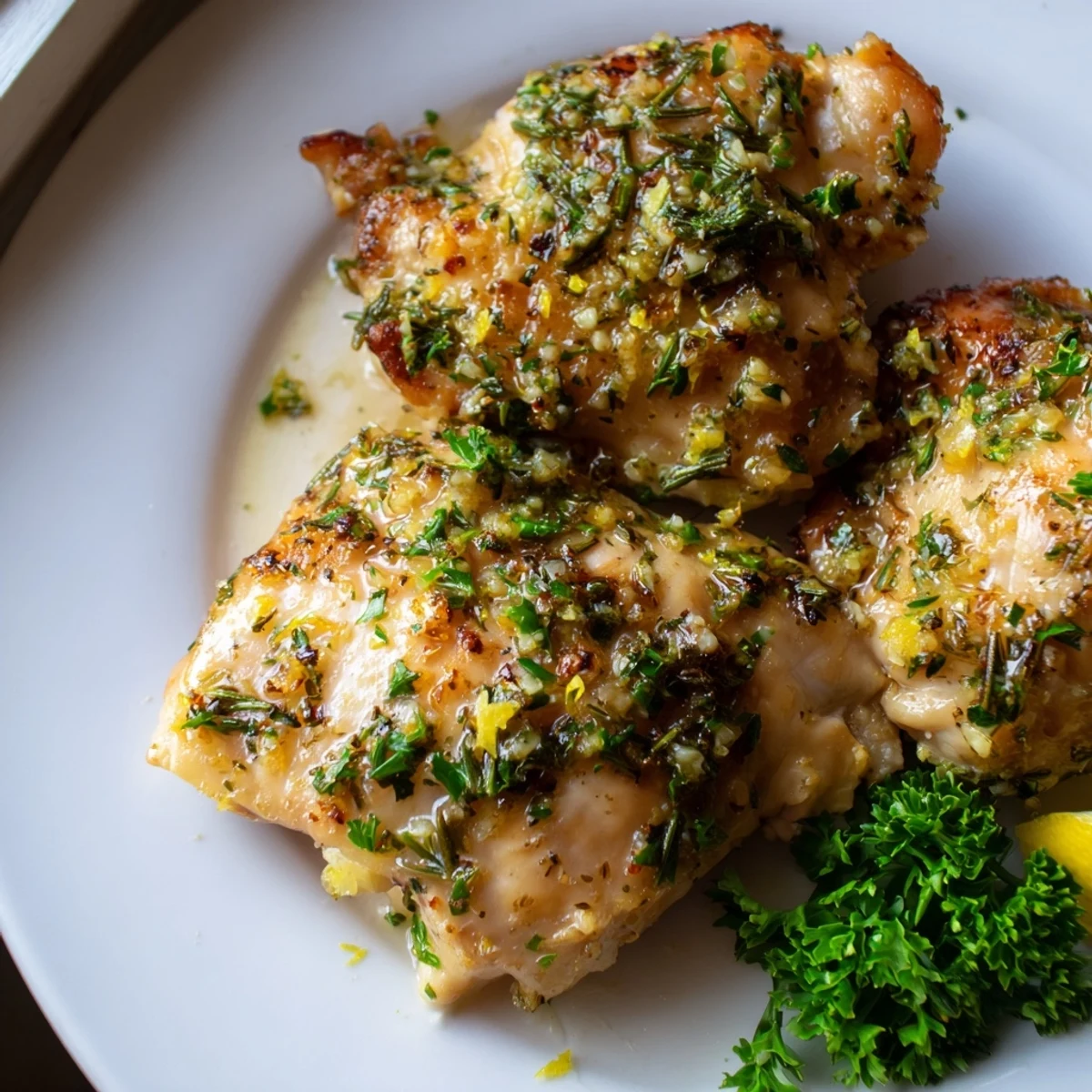 Juicy savory garlic herb chicken sliced open revealing tender meat with fresh herbs